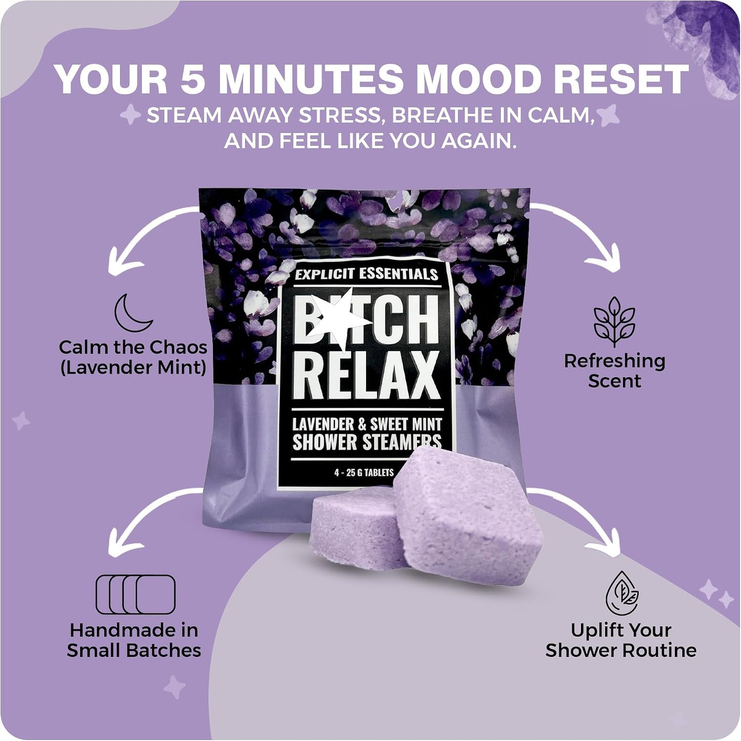 Explicit Essentials B Relax Shower Steamers | Lavender Mint Aromatherapy Shower Steamers for Relaxation & Stress Relief | Spa Shower Gift for Self-Care, Birthdays & Holidays