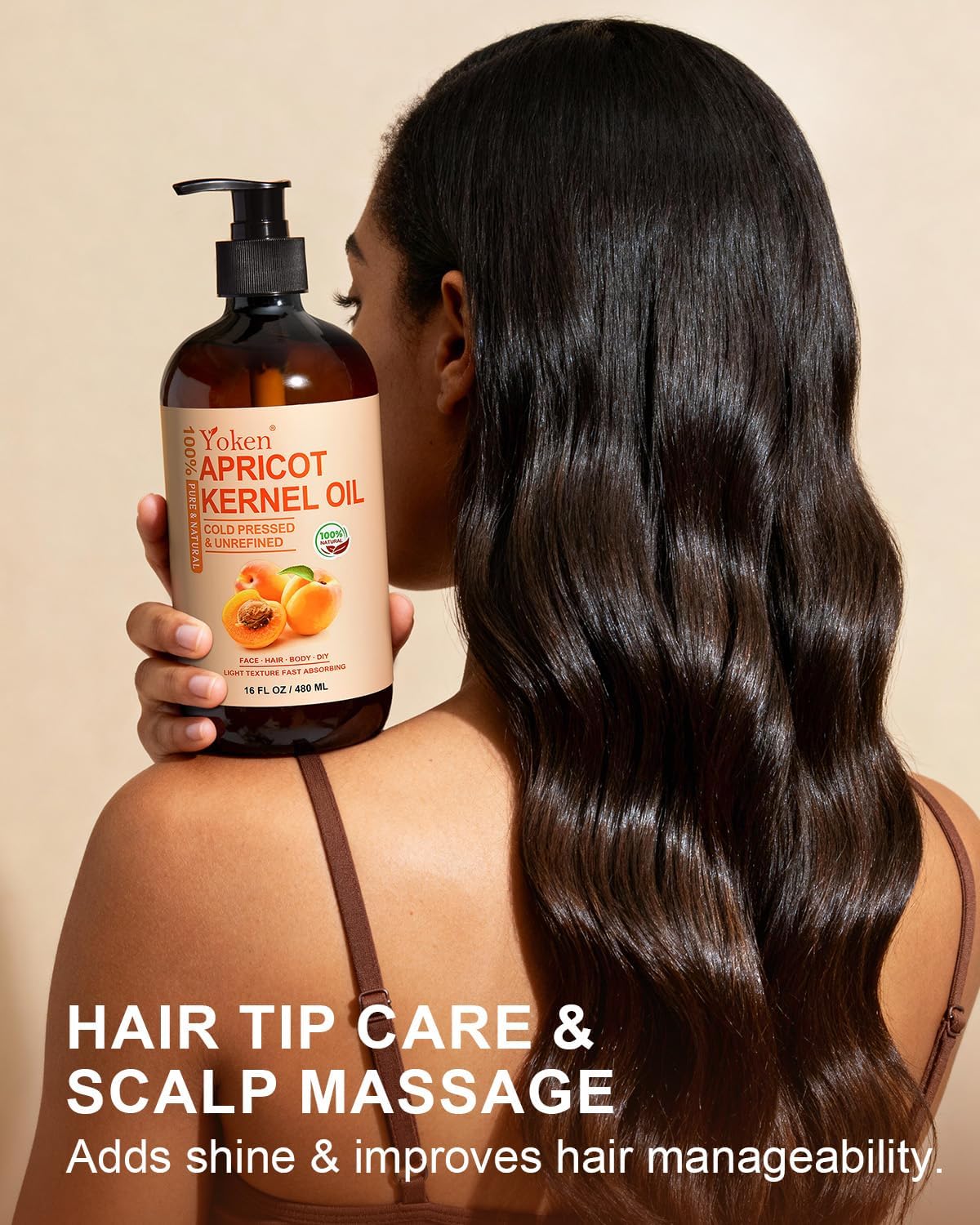 Yoken Cold Pressed Apricot Kernel Oil 16 fl oz Glass Bottle - Single Ingredient 100% Pure and Natural Apricot Oil, Lightweight Carrier & Massage Oil for Skin & Hair, Unscented & Hexane Free