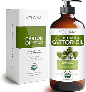 velona USDA Certified Organic Castor Oil – 16 fl oz in Glass Bottle | Cold-Pressed, Hexane-Free, USP Grade | Eyelash & Eyebrow | Bottled in USA
