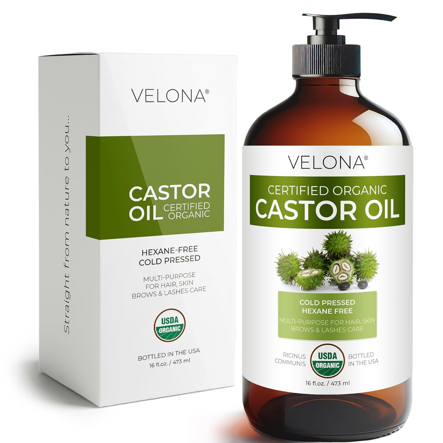 velona USDA Certified Organic Castor Oil – 16 fl oz in Glass Bottle | Cold-Pressed, Hexane-Free, USP Grade | Eyelash & Eyebrow | Bottled in USA