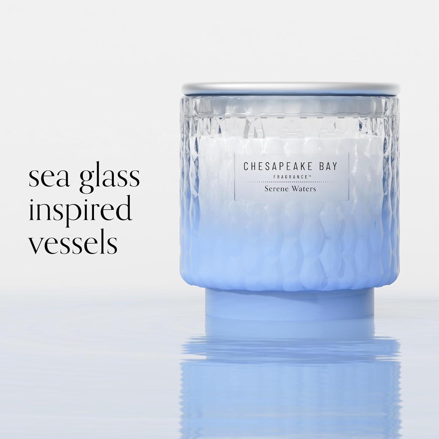 Chesapeake Bay, 11oz Serene Waters Scented Candle, Mood Evoking Fragrance, Textured Sea Glass-Inspired Jar, Premium Soy Blend Wax with Essential Oils, Coastal Fragrance for Home Décor or Gifting