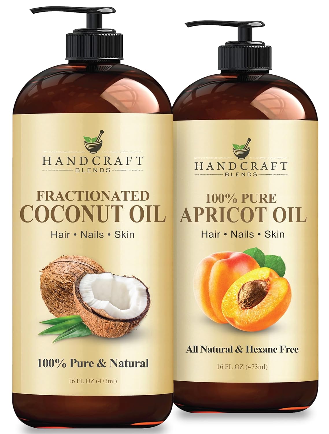 Handcraft Blends Ultra Light Massage Set: Apricot Kernel Oil and Fractionated Coconut Oil – (2 x 16 Fl Oz) – 100% Pure & Natural – Silky Carrier Oils for Body and Sensitive Skin