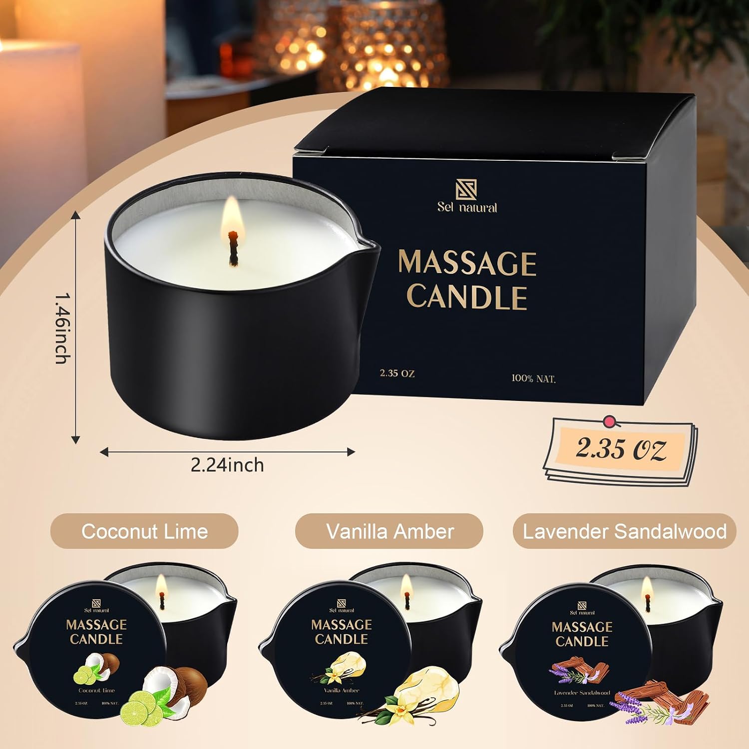 3 Pack Massage Oil Candles 2.35oz Low Temp Massage Candles 3 Scent Spa Therapy Body Oil Home Gift for Relaxation, Couples, or Self-Care (2.35 oz, Vanilla Amber, Lavender Sandalwood, Coconut Lime)