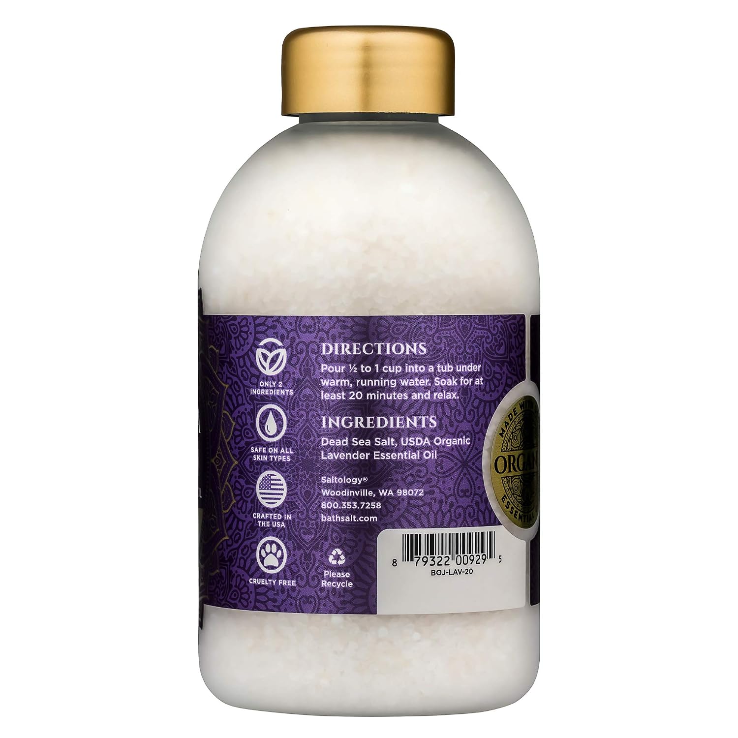 Bokek Bokek Organic Lavender Bath Salt, Dead Sea Salt Scented With Certified Organic Essential Oil, 20 Ounce Jar, White, Lavender, 20 ounces