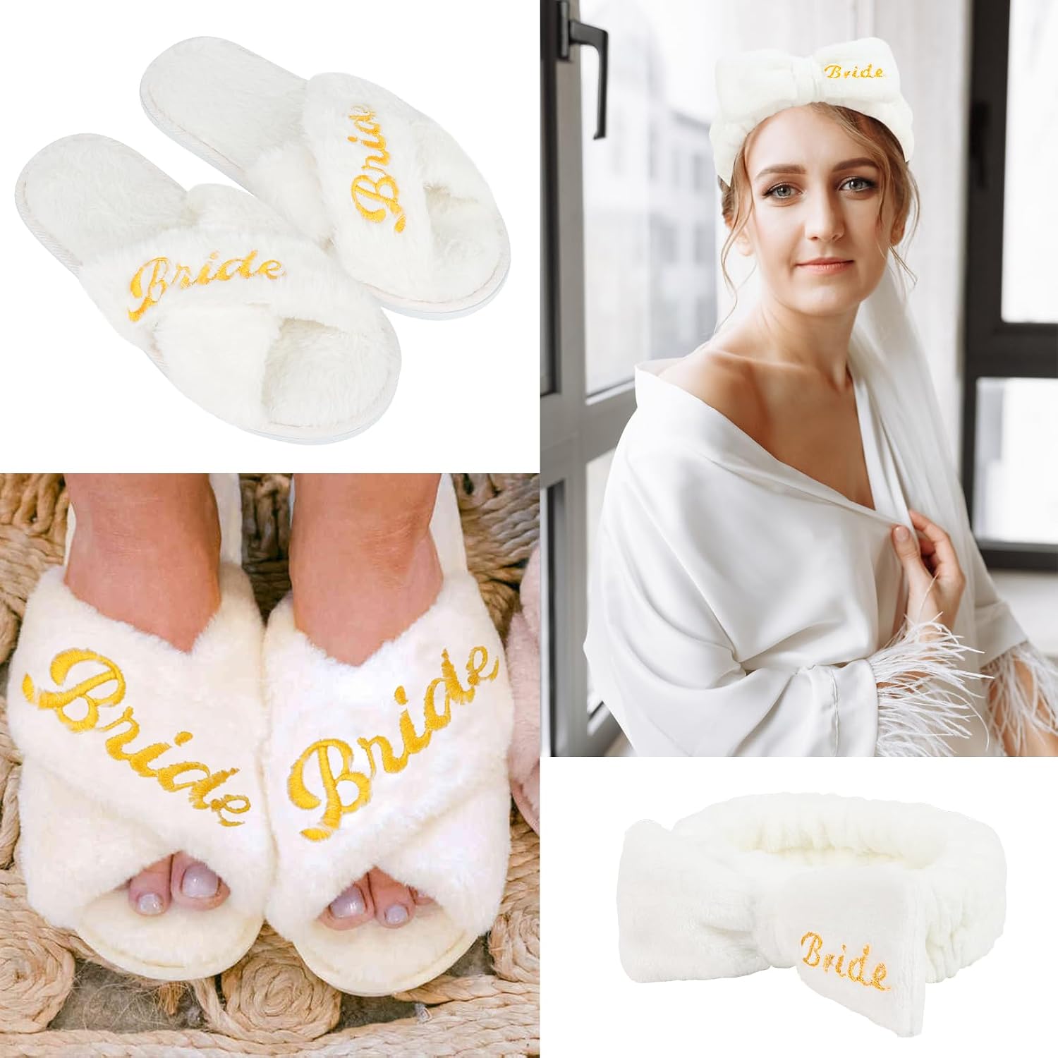 CIEHER Bride Spa Headband & Bride Slippers Set, Bride to Be Slippers Bride Gifts for Bachelorette Party Favors Bridal Shower Decorations Bride Aaccessories for Wedding Day