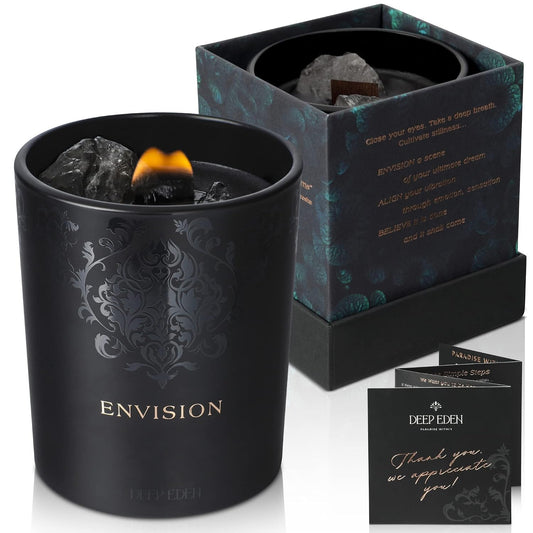 Black Orchid & Pine Moss Scented Crystal Candle - Luxury Manifestation Candle with Smoky Quartz and Clear Quartz Crystals