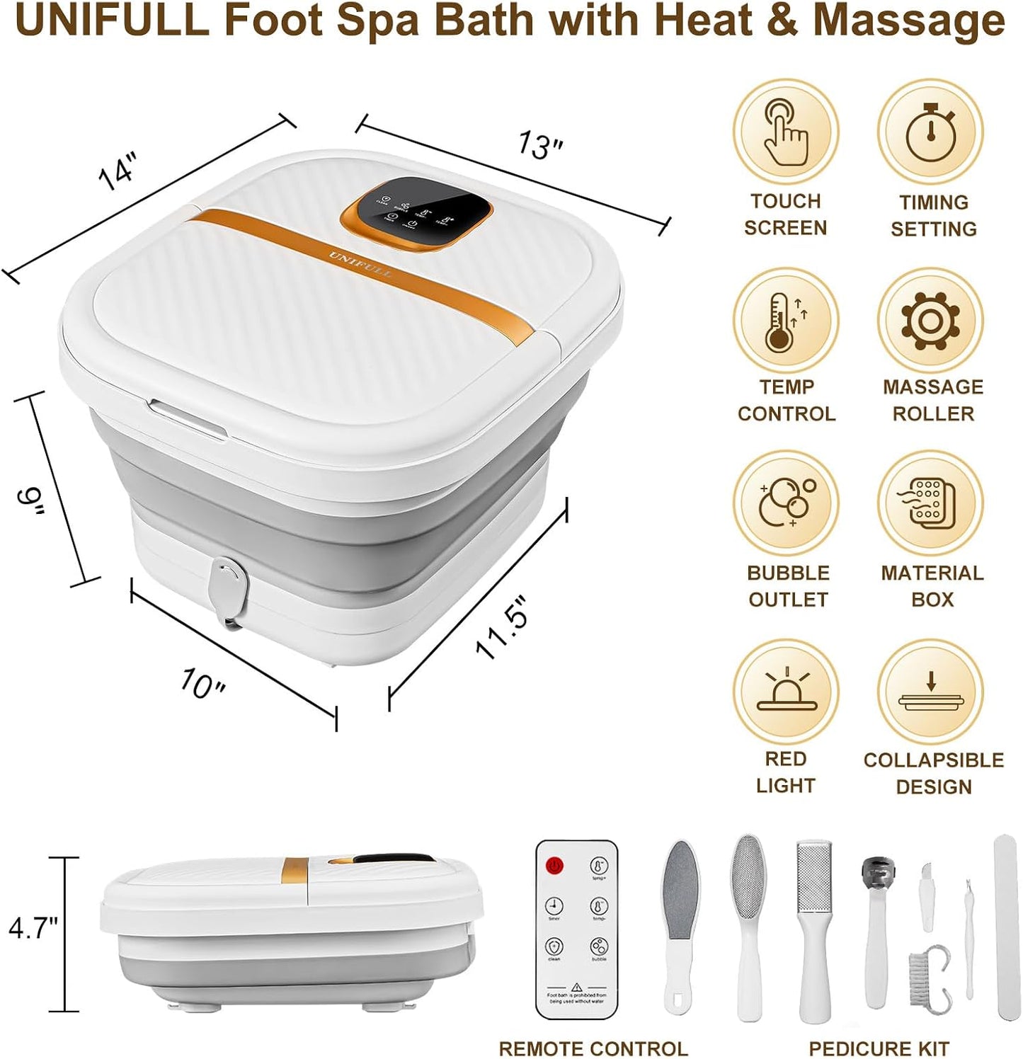 UNIFULL Collapsible Foot Spa Bath with Heat, Touch Screen, Massage Rollers, Bubble, Foot Pedicure Kit, Temperature Control, Foot Spa, Foot Bath Gifts