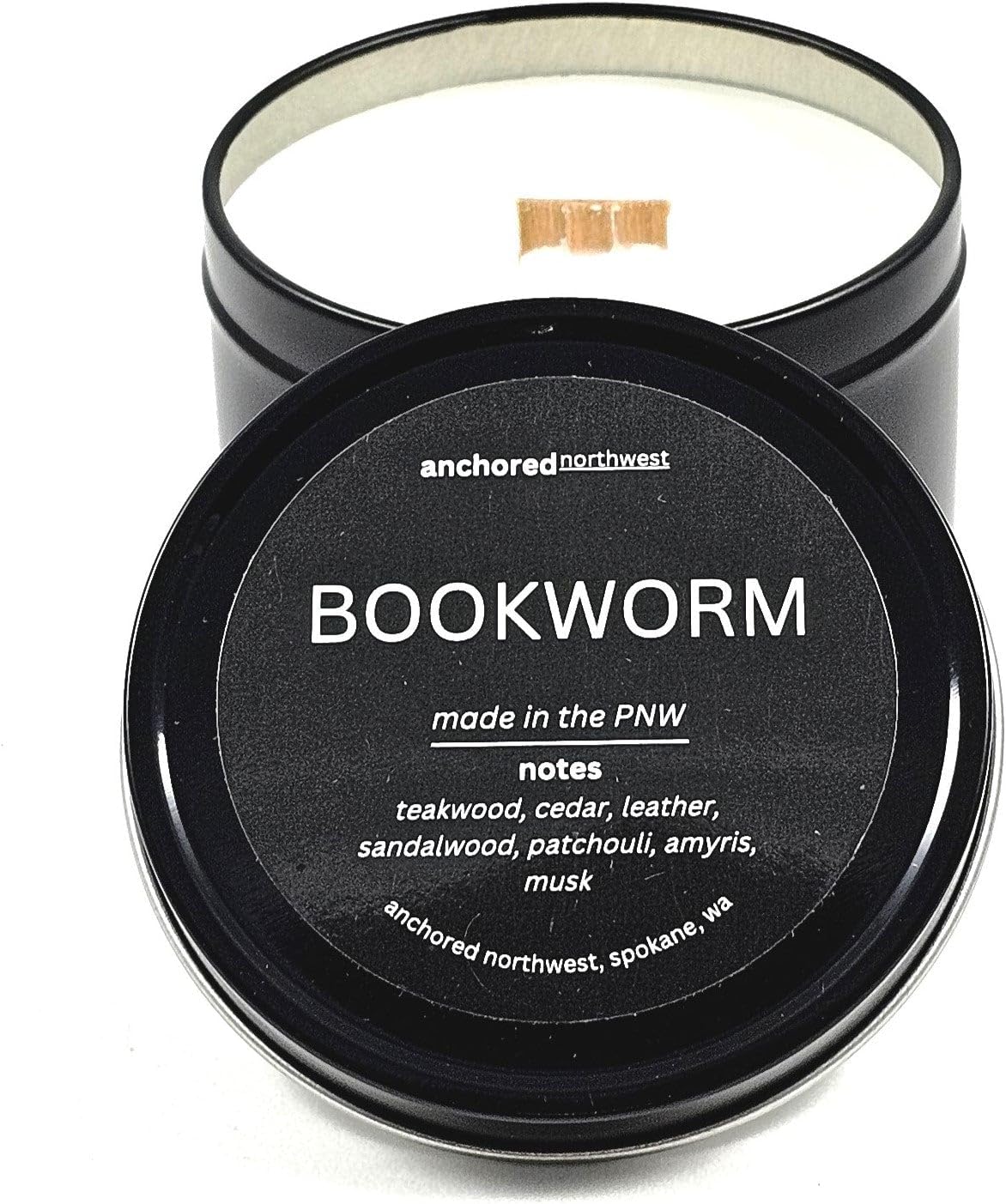 Anchored Northwest - Bookworm Travel Tin Candle, 6oz Black Metal Tin, American Cedar Wood Wick, Hand Poured, Essential Oil Blend 100% Soy Wax, 35+ Hour Burn