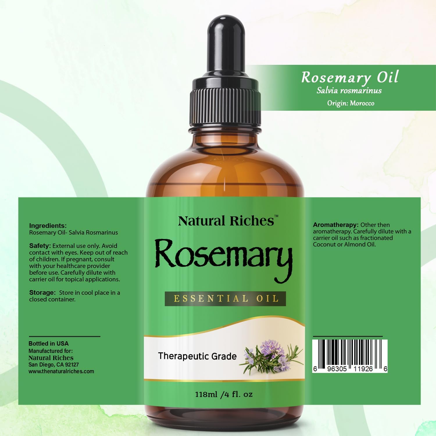 Natural Riches Rosemary Essential Oil | Premium Grade, 100% Natural and Pure Rosemary Oil for Hair Growth Skin, Face, Aromatherapy & Essential Oil for Diffuser | - 4 fl oz