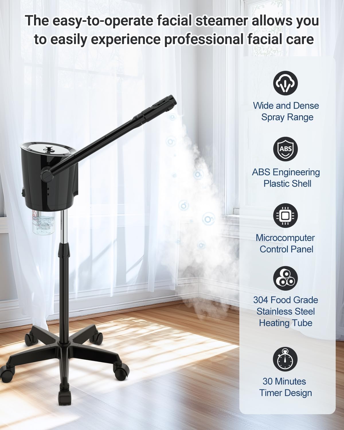 Professional Facial Steamer with Ozone - Ionic Nano Hot Mist Steamer with Large Capacity and 30-Min Timer for Estheticians, Beauty Salons, and Home Skin Care Use