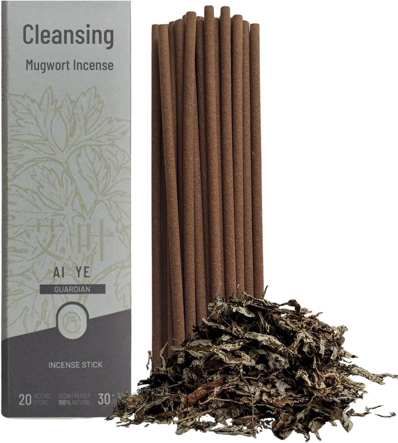 Mugwort Incense Sticks with Agarwood & Sandalwood — 20 Hand-Rolled Sticks, 30 Min Long Burn, Low Smoke Natural Herbal Incense for Meditation & House Cleansing, Sage Smudge Alternative