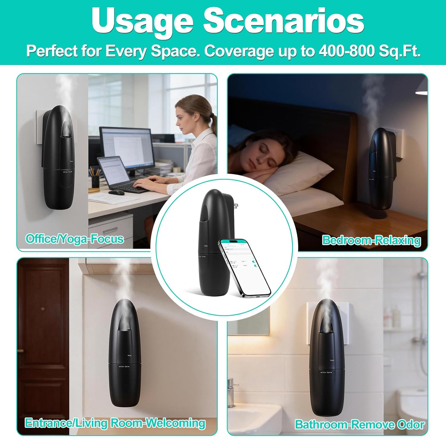 Plug-in Waterless Essential Oil Diffuser, 400-800 Sq.Ft Smart Nebulizing Scent Air Machine with App Control (Bluetooth), 100ml Capacity, Leak-Proof, for Home, Hotel, Office, Spa (Black)