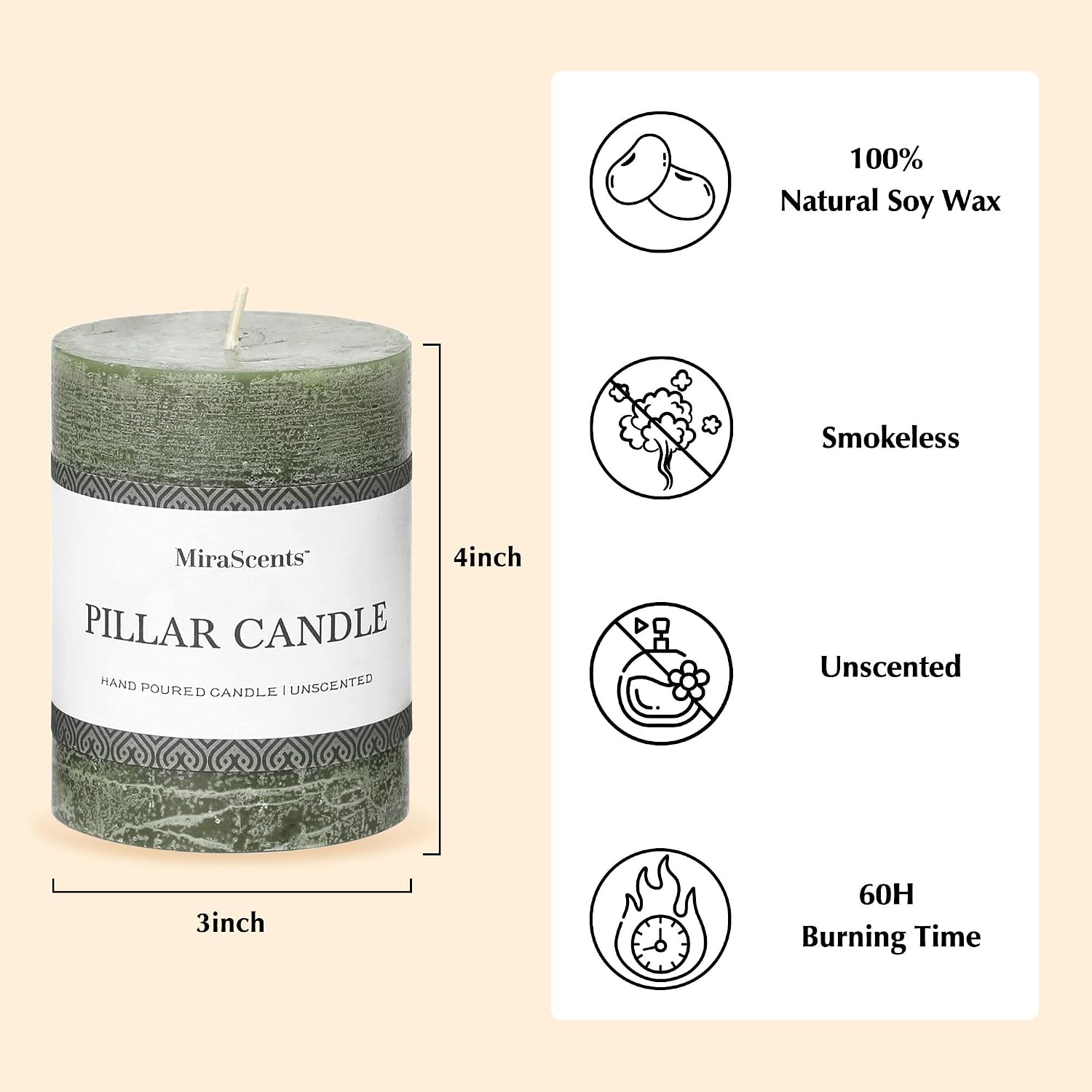3x4 Inch Moss Green Pillar Candles - Set of 3, Long Clean Burning, Smokeless Dripless Candles for Spring Home Decor, Dinner Table, Bathroom, Rustic Decor