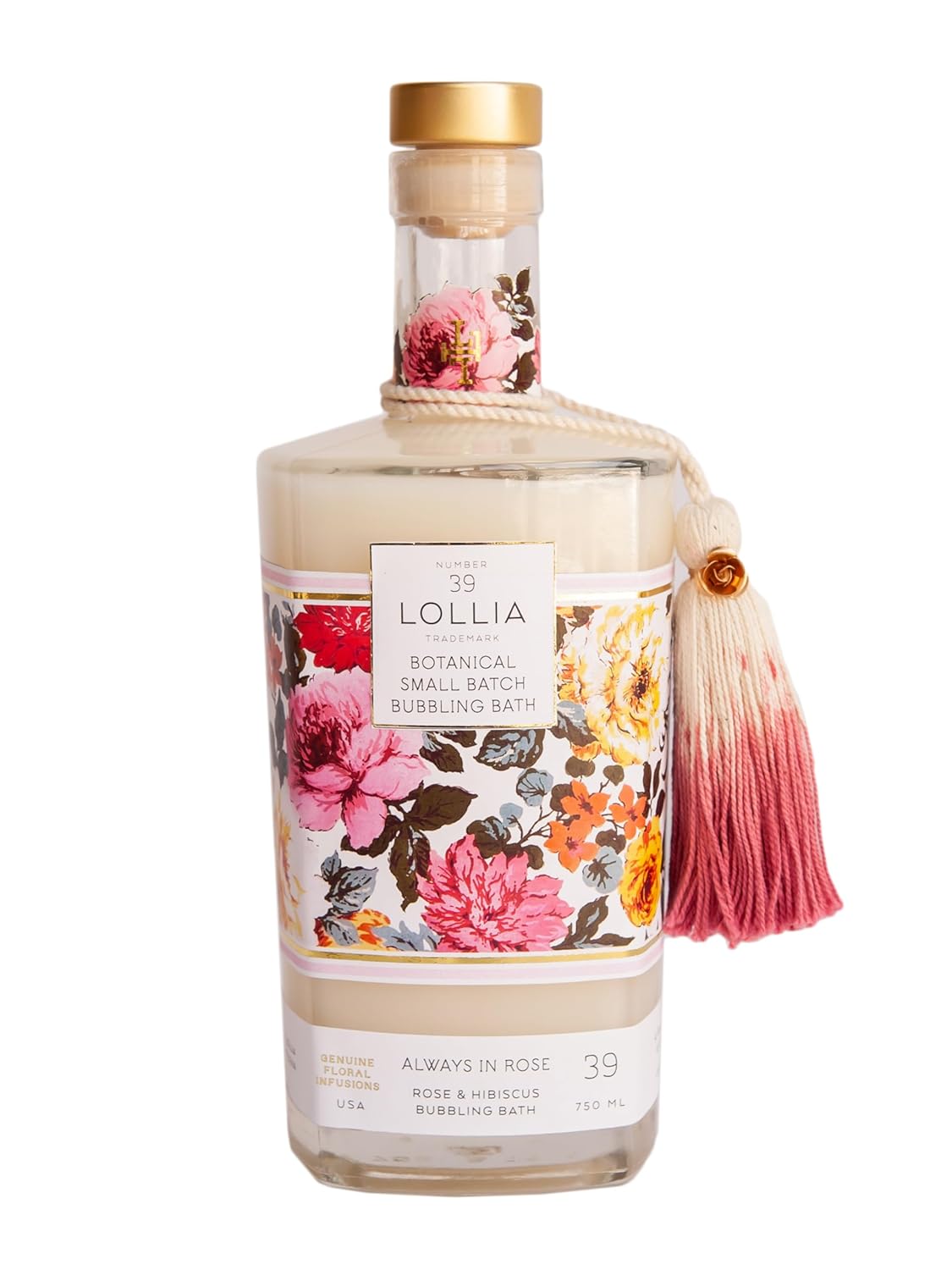 LOLLIA Always in Rose Bubble Bath, 25 fl oz / 750 ml, Rose & Hibiscus Scent, Luxury Hydrating & Soothing Bubble Bath for Women, Floral Home Spa, Glass Bottle