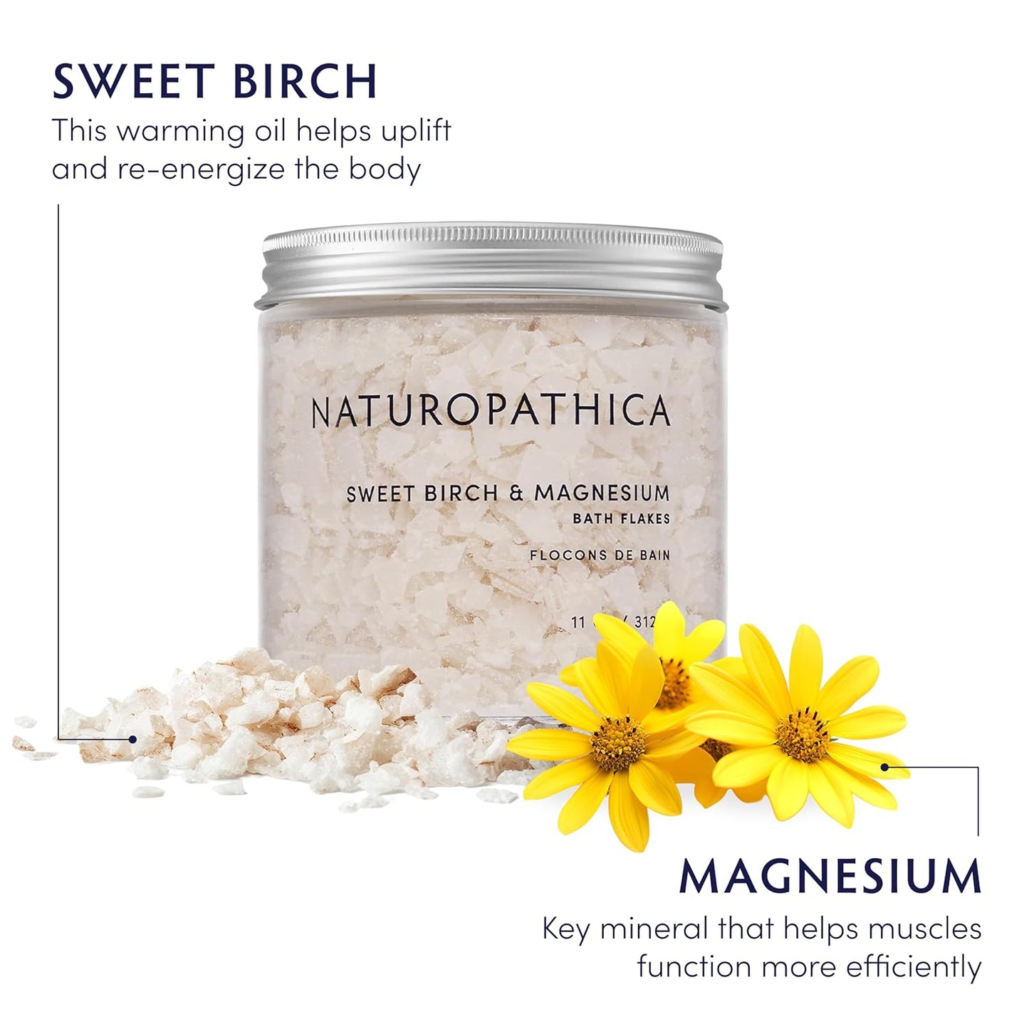 Naturopathica Sweet Birch and Magnesium Bath Flakes, Soothing Daily Bath Soak for Muscle Discomfort, Bathing Alternative to Epsom Salt, Relaxing Tension Relief Soak for Men and Women, 11 oz