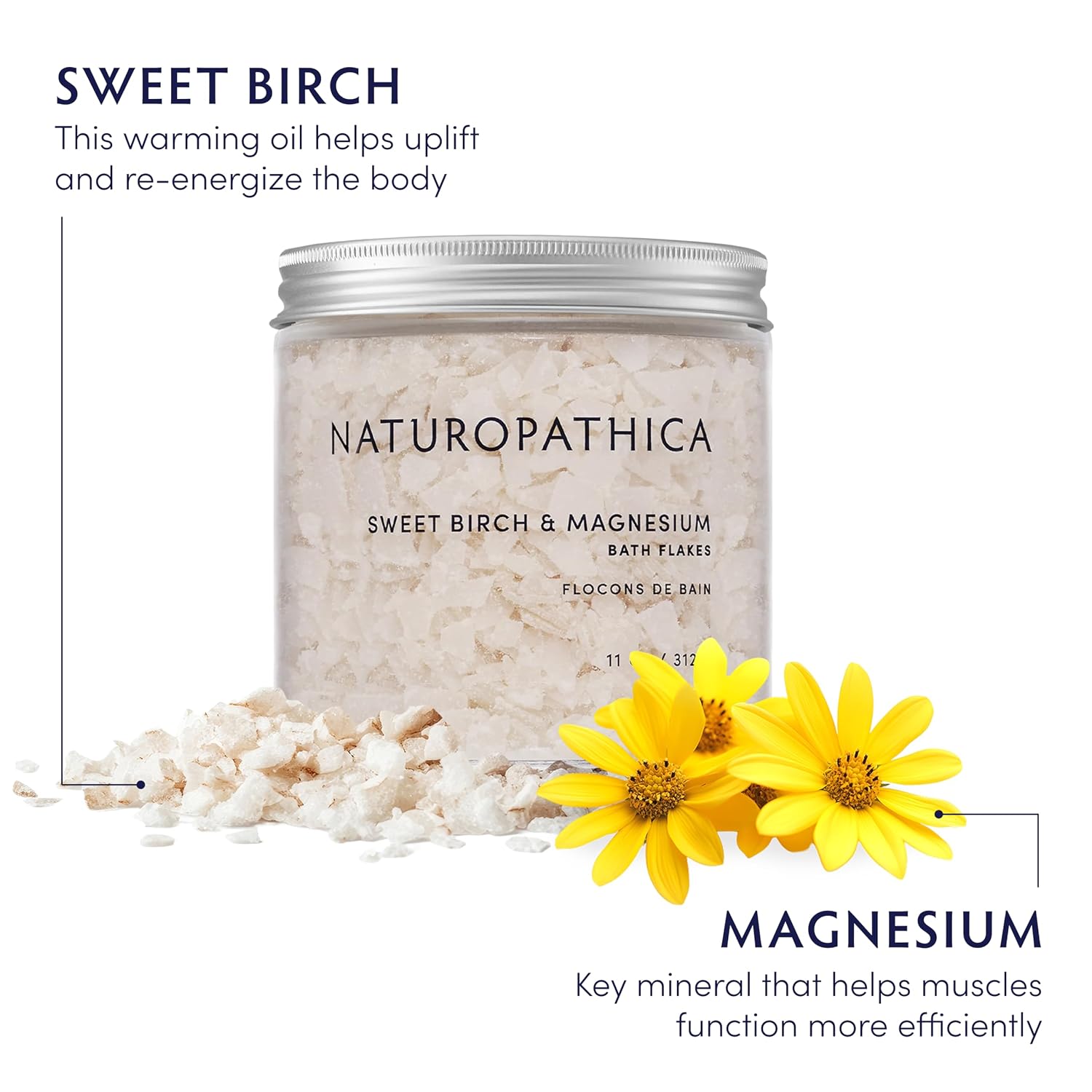 Naturopathica Sweet Birch and Magnesium Bath Flakes, Soothing Daily Bath Soak for Muscle Discomfort, Bathing Alternative to Epsom Salt, Relaxing Tension Relief Soak for Men and Women, 11 oz
