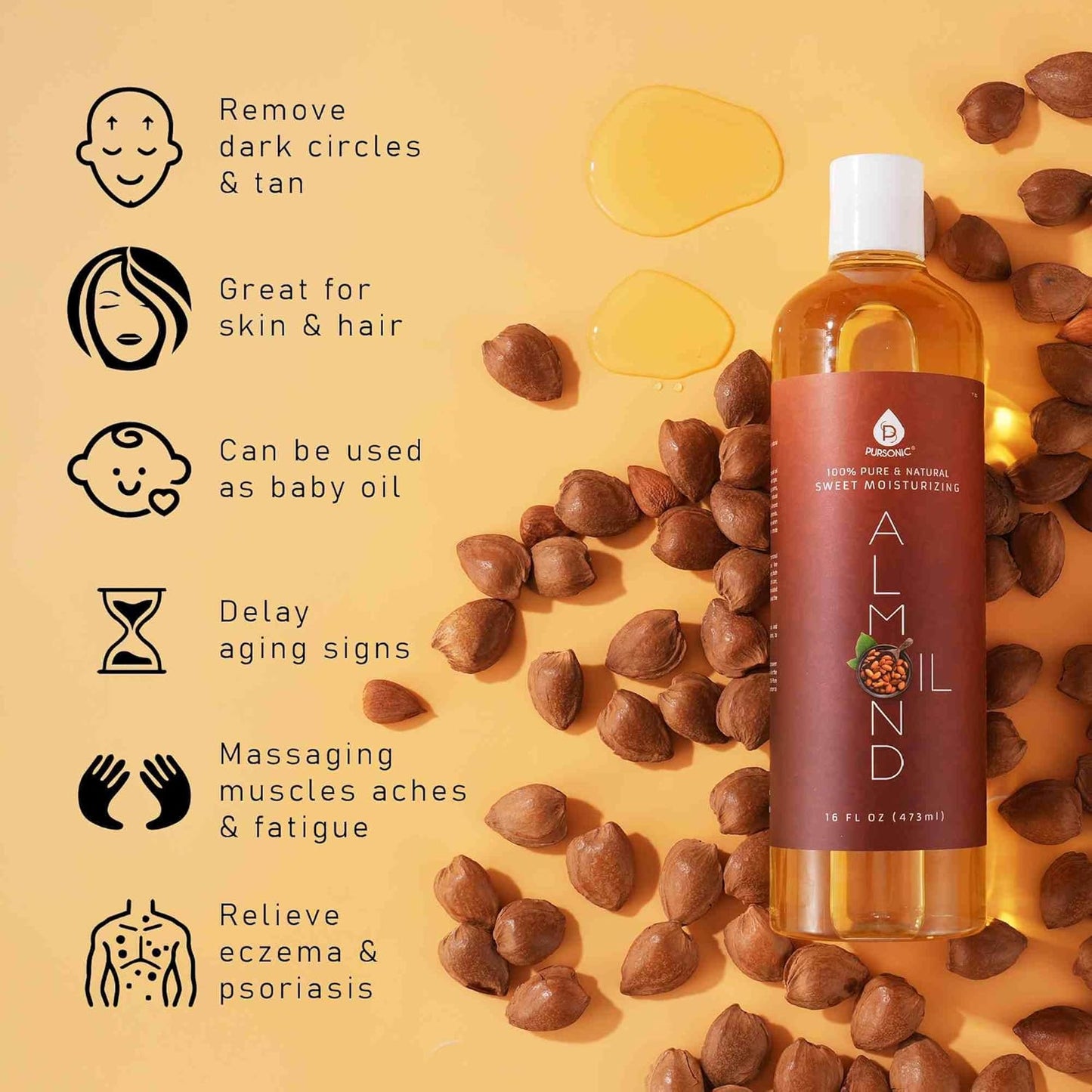 Pursonic 100% Natural Sweet Almond Oil for Skin – Nourishing Formula for Body & Hair Care, Aromatherapy, Moisturizing and Massage - Almond Essential Oil for Glowing Skin & Healthy Hair