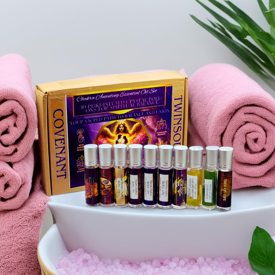 Twinflame Aromatherapy Roll-On Set – 10 Chakra-Aligned Essential Oil Blends with Archangel Energy, Scripture, and Crystals – 10ml Each for Meditation, Prayer & Energy Support