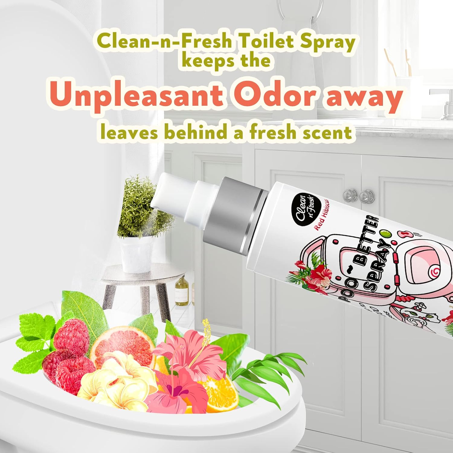 Clean-n-Fresh Toilet Spray 6.8 Oz, Hibiscus Scent, Bathroom Odor Deodorizer, A Great Air Freshener for Room, Home, Travel Size, Up to 400+ Uses, 2 Pack