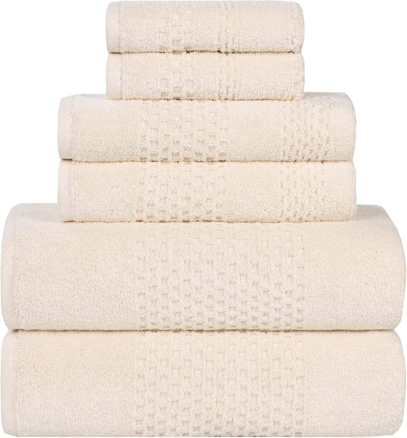 Superior Playa Zero Twist Cotton Medium Weight Towels, for Guest Bath, Bathroom, Shower, Spa, Plush, Quick Dry, Ultra-Soft Towels, Bath Essentials, Waffle Textured, 6 Piece Assorted Towel Set, Ivory