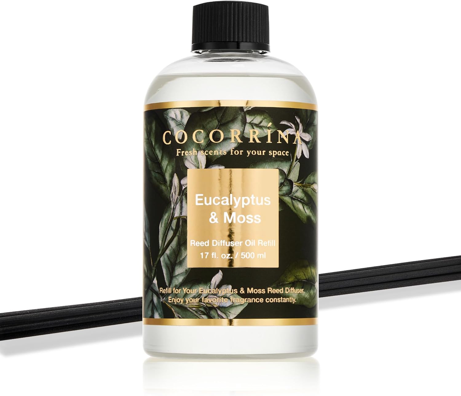 Cocorrína Reed Diffuser Refill Eucalyptus & Moss 17oz (500ml) with 8 Rattan Sticks - Premium Long-Lasting Essential Oil, Home Fragrance for Bedroom, Bathroom Home Decor