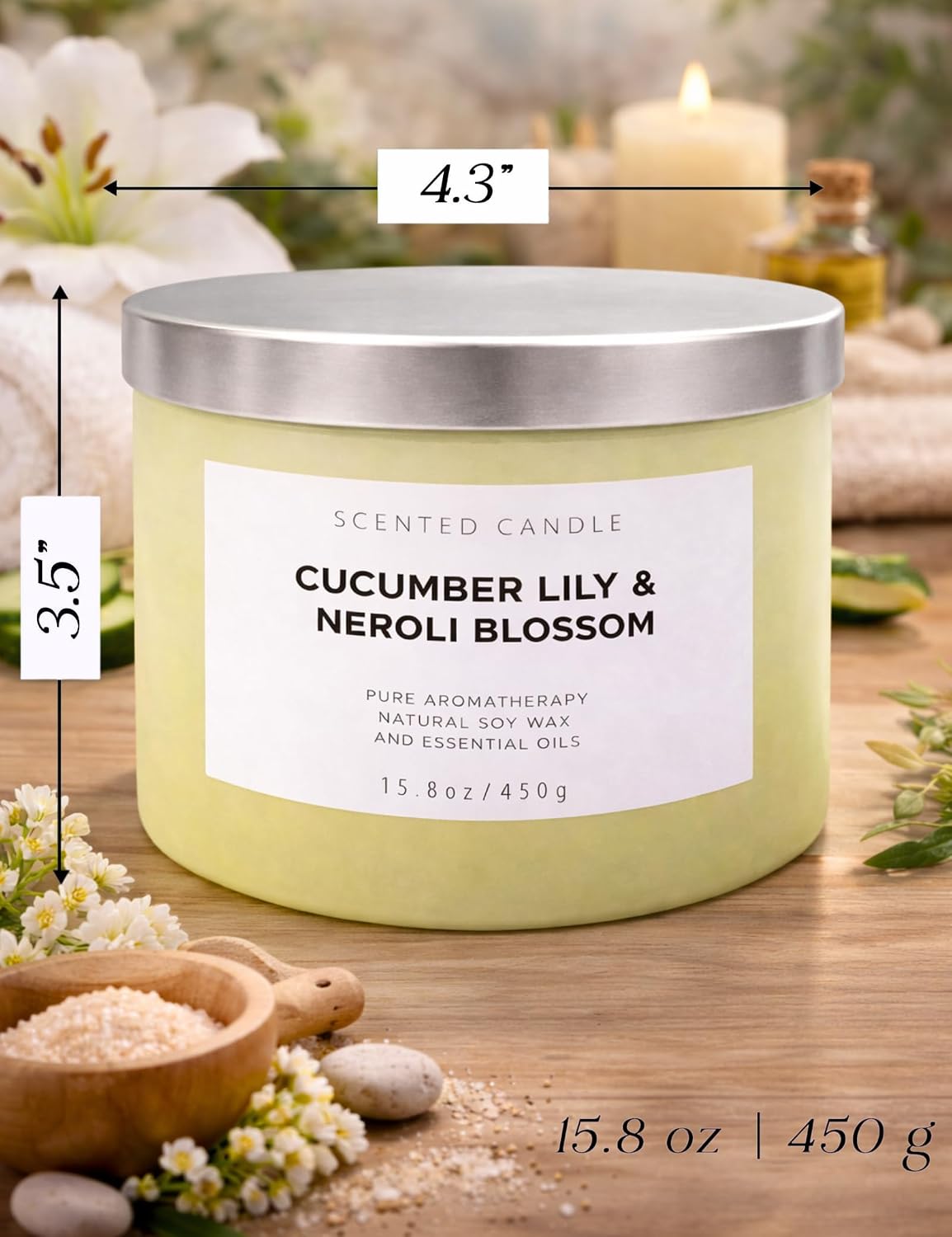 Cucumber Lily Neroli Blossom Candle | 3-Wick Large Soy Candle 15.8 oz | Fresh Cucumber Aromatherapy Candle for Women | Calming Floral Citrus Spa Scent | Long Lasting Clean Burn