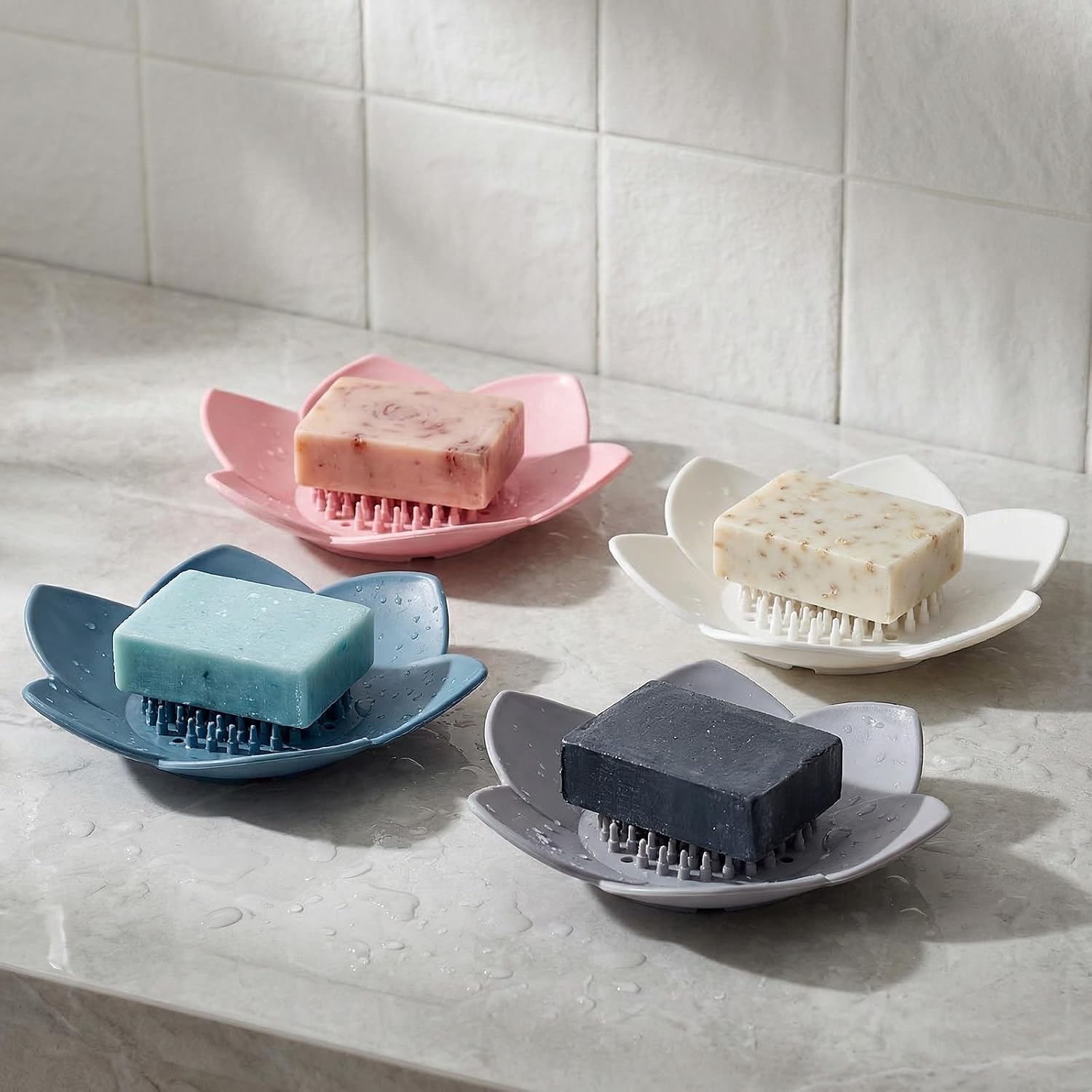 4 Pack Lotus Shower Steamer Trays, Silicone Soap Holder with Self Draining - Elegant Mixed Colors Lotus Flower Shape Soap Dish, Perfect for Bathroom Counter, Kitchen Sink, Shower Organizer
