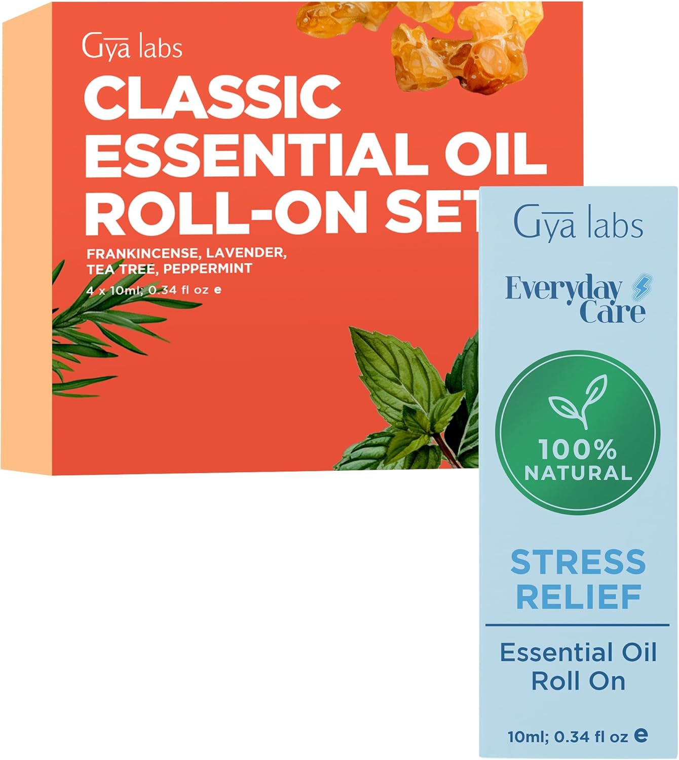 Classic & Stress Relief Roll on Essential Oils Set for Skin - Aromatherapy Grade Essential Oils Set - 5x0.34 Fl Oz - Gya Labs