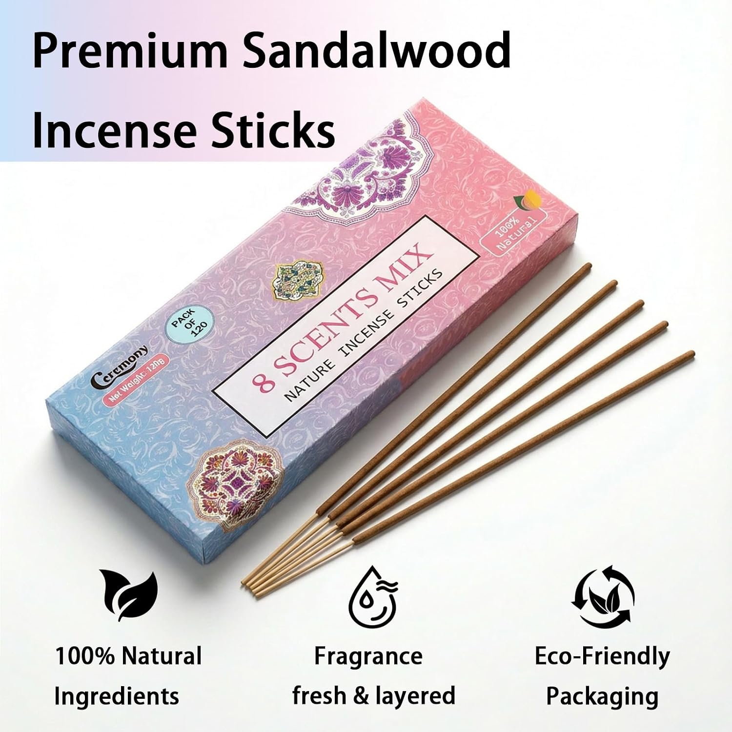 CEREMONY 8 Scents Incense Sticks, 8 in 1 Mix Incense,120 Stick Incense for Mediation,100% Natural-Handmade for Yoga, Organic-Chemicals-Charcoal-Free Purification-Relaxation
