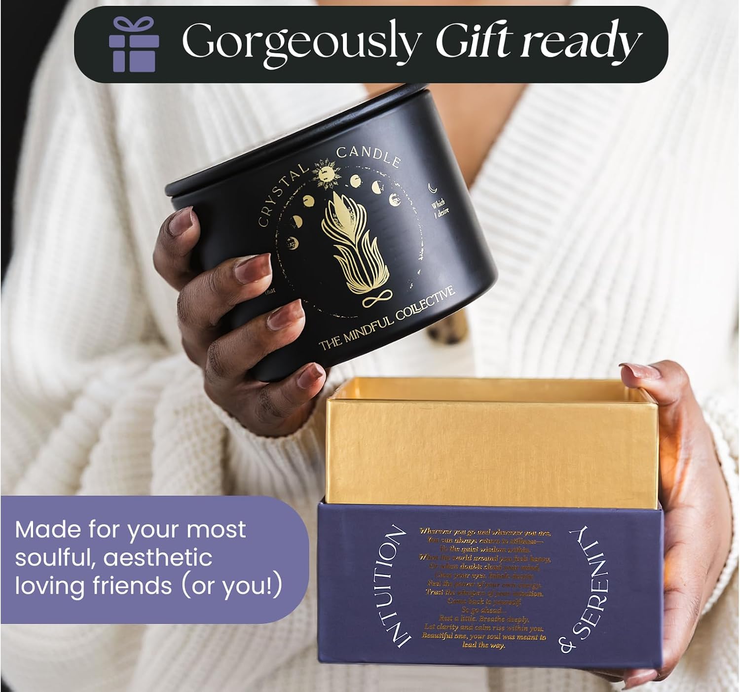 Large Candles for Women - 12oz Soy Wood Wick Candles that Crackle with Crystals and Healing Stones. Non-Toxic Scented, Luxury Aromatherapy (Crystal Black Candle)