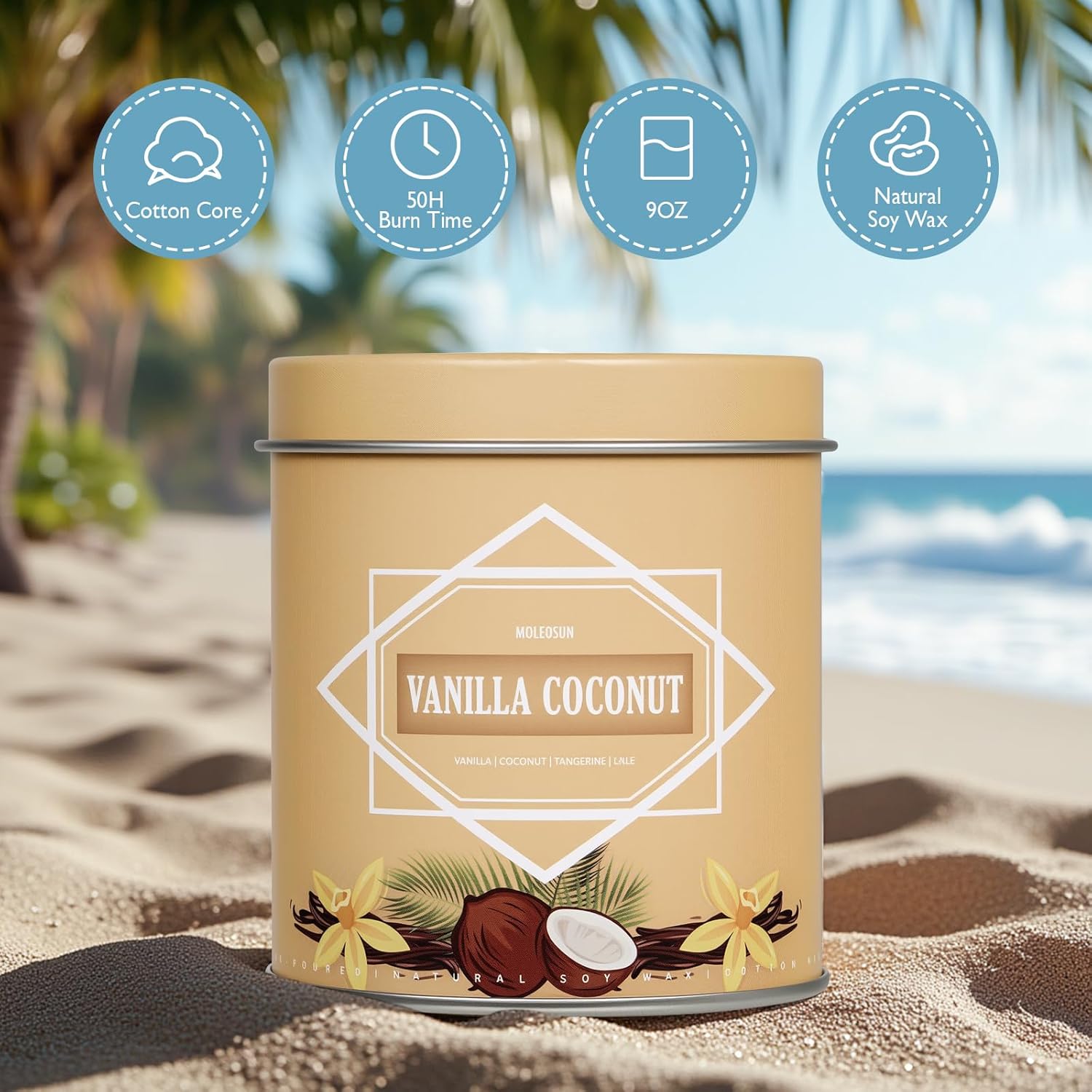 Vanilla Coconut Candle, Candles for Home Scented, 9 oz Soy Wax Candle Gift for Women Men, Aromatherapy Tin Jar Candle