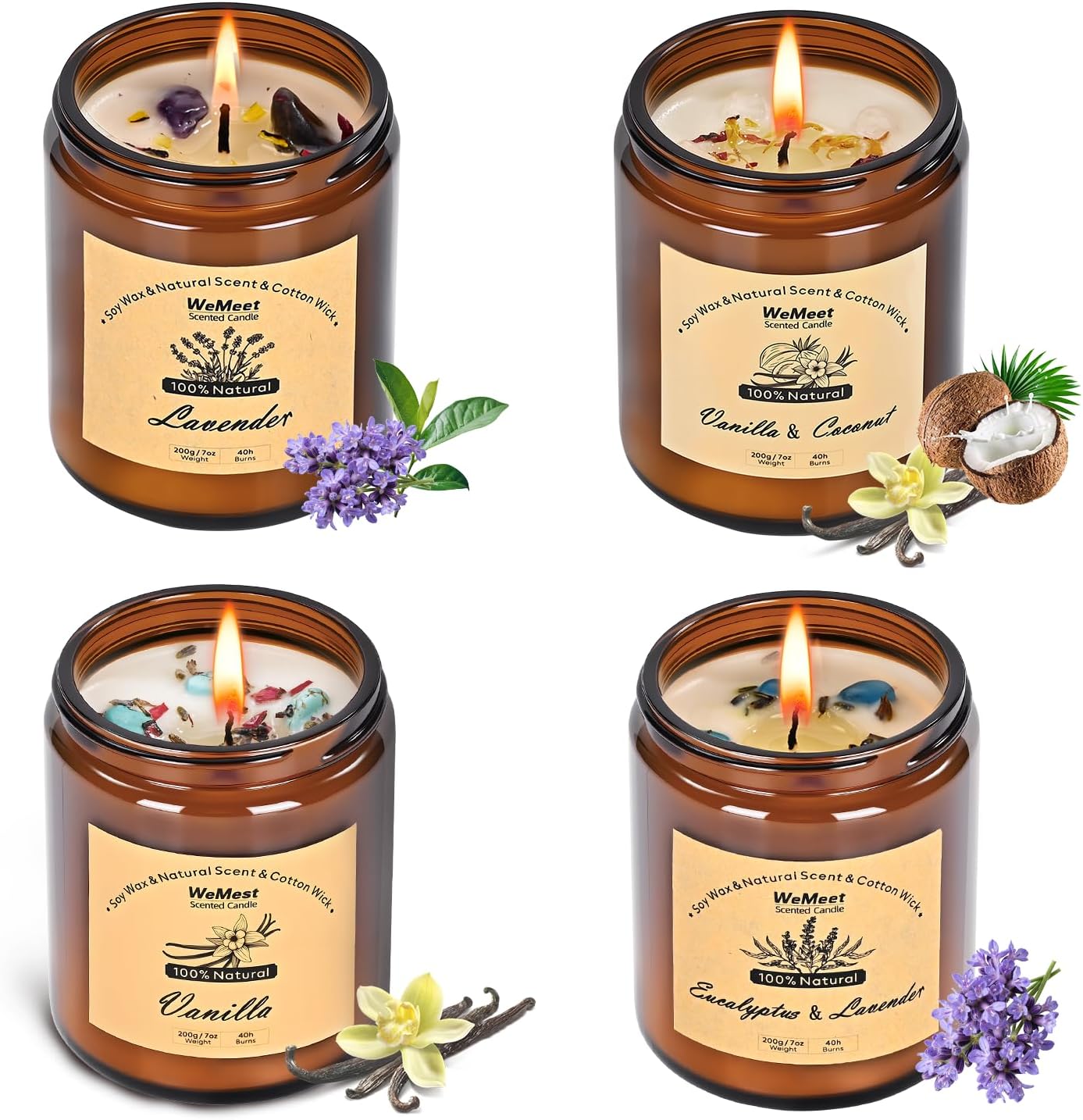 WEMEET Scented Candles Set, 4 Pack Aromatherapy Candle with Crystals, 28 oz 160 Hour Long Lasting Candle, Soy Wax Scented Candle with Dried Flowers, Gifts for Men, Women, Birthday, Mother's Day
