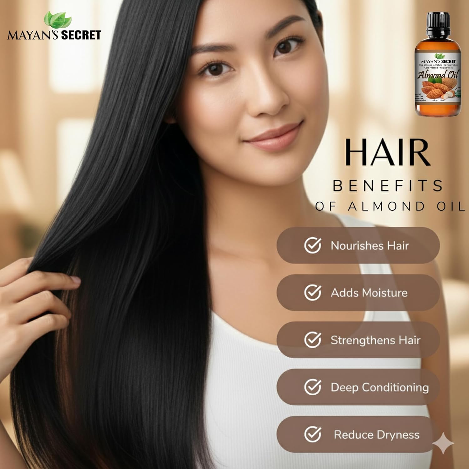 Mayan's Secret - 100% Organic Sweet Almond Oil for Skin Hair, Face - Cold Pressed Pure Almond Essential Oil (4 fl. oz.)