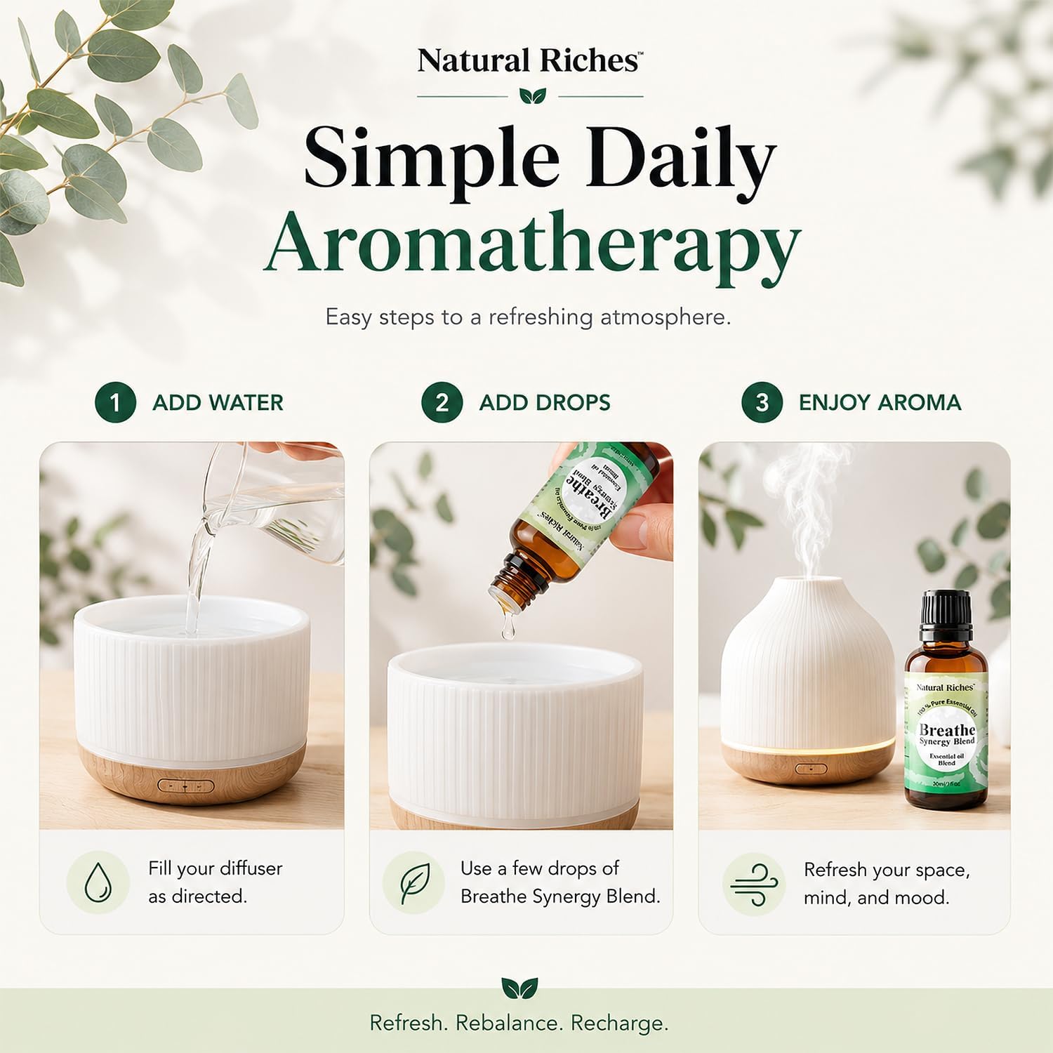 Natural Riches Breathe Essential Oil Blend Breathe Easy with Peppermint Eucalyptus Tea Tree Lemon Cardamom Pine Needle Essential Oils - 30 ml