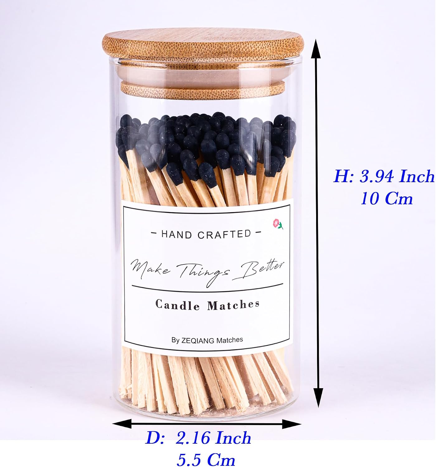Black Matches Included (150Pcs), Glass Match Holder with Striker, Glass Match Cloche with Striker, Match Bottle with Candles Matches, 3'' Wooden Safety Matches for Candles BBQ Grill Fireplace