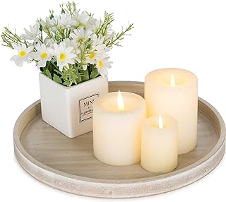 Hanobe Candle Plate Holder Tray: Whitewash Round Wood Candle Plate Decorative Centerpiece Small Tealight Pillar Trays for Living Room Dining Coffee Table Home Decor