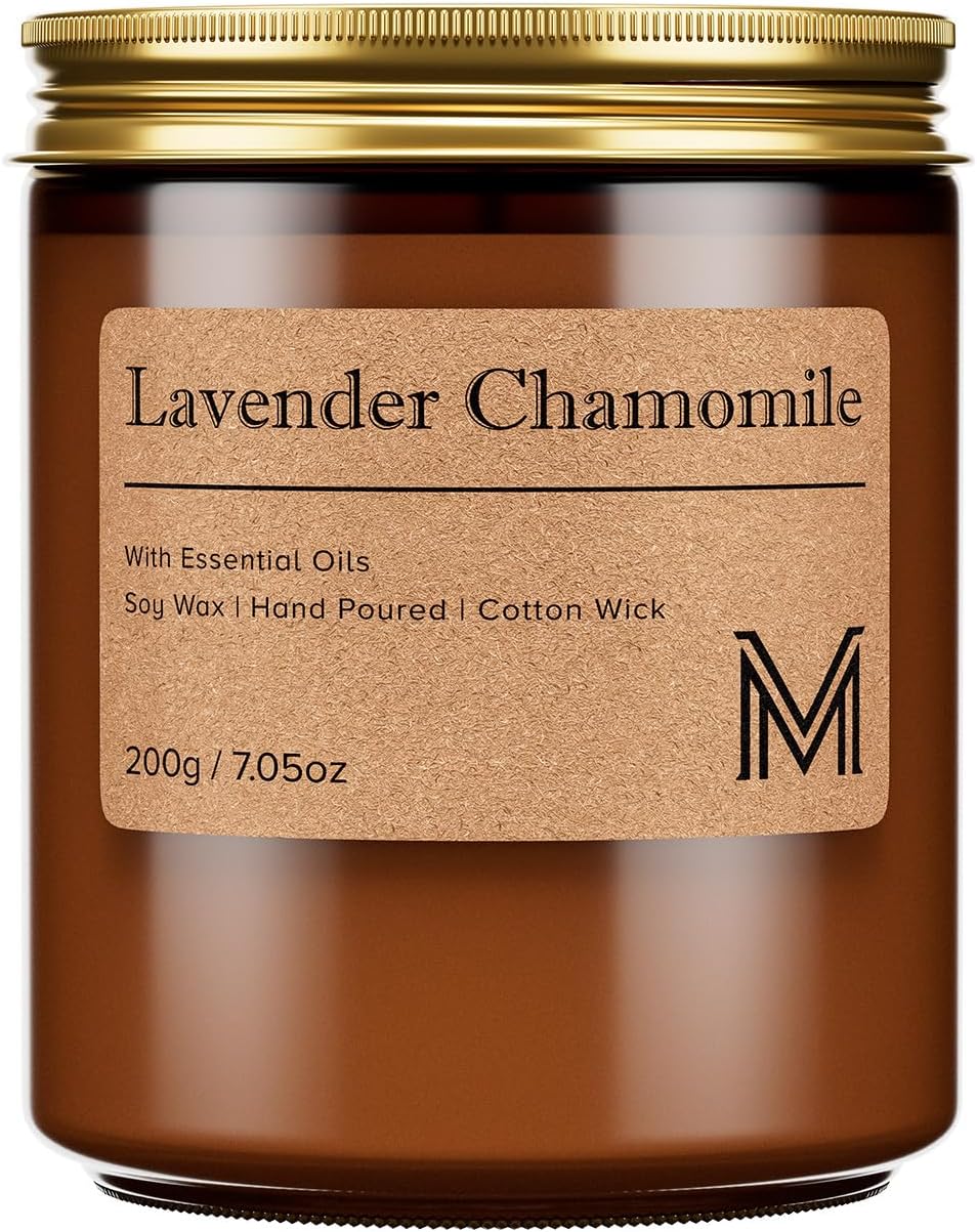 M&SENSE Lavender Chamomile Scented Small Candle, 7.5Oz Aromatherapy Candle for Home Fragrance, Soy Wax Candles Gift for Birthday, Housewarming, Amber Jar Candle for Stress Relief, Meditation, Yoga