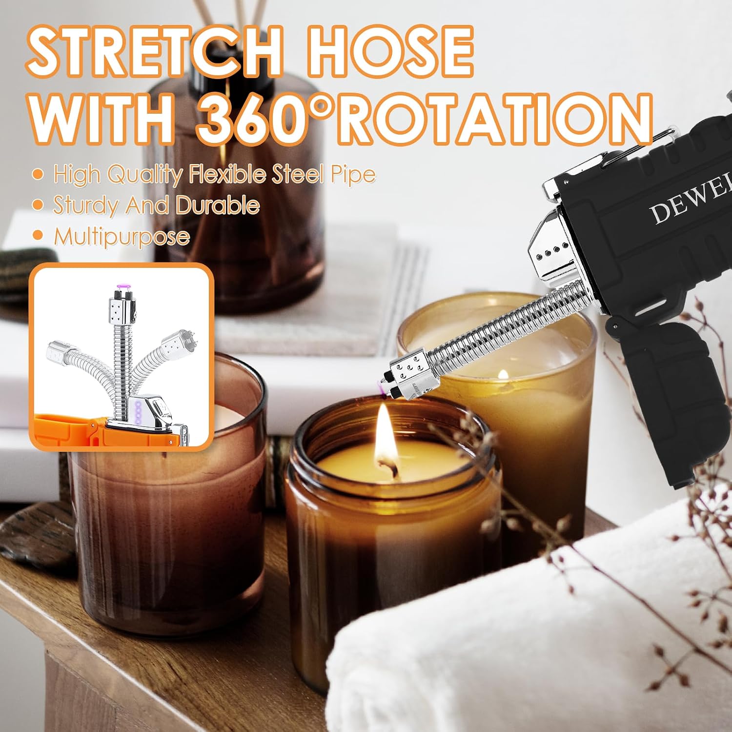 DEWEL Rechargeable Electric Arc Lighter, Waterproof USB C Lighter with LED Battery Display, Flashlight, and 360° Flexible Extendable Neck, Perfect for Candle, Camping, and Outdoor Adventure