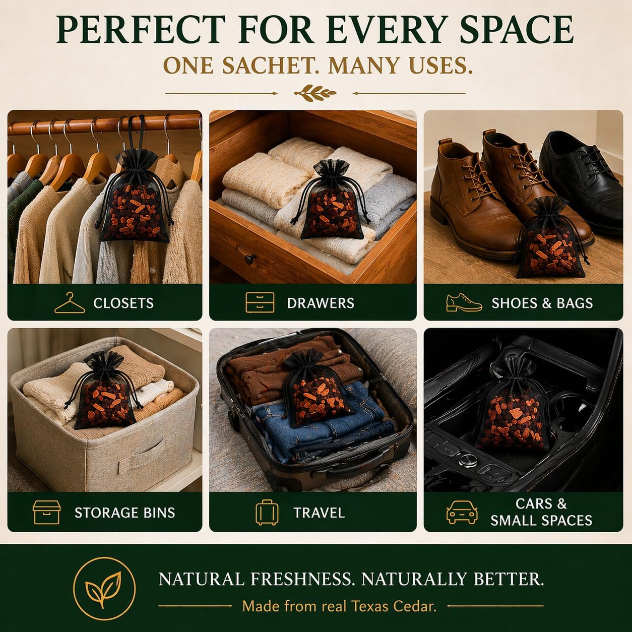 Cedar Sachets (24 Pack) Texas Organic Cedar Wood Premium Closet Freshener Real Cedar Scent Bags for Drawers Clothes Storage Shoes Odor Absorber