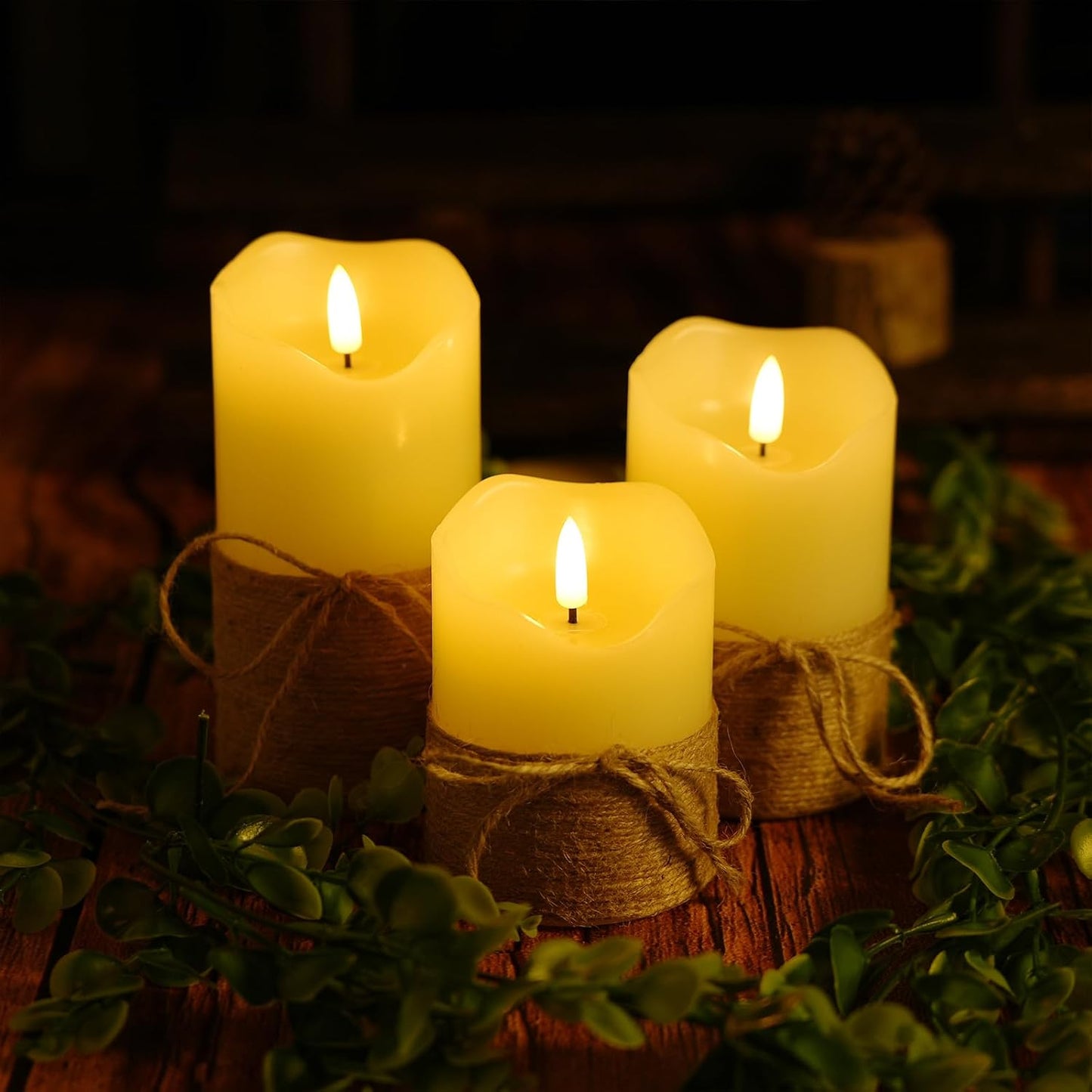 Flameless Candles with Remote Timer-3D Flickering Hemp Rope LED Candles Set of 3(4”/5”/6”, Battery Powered for Home/Wedding/Party/Table Decorations
