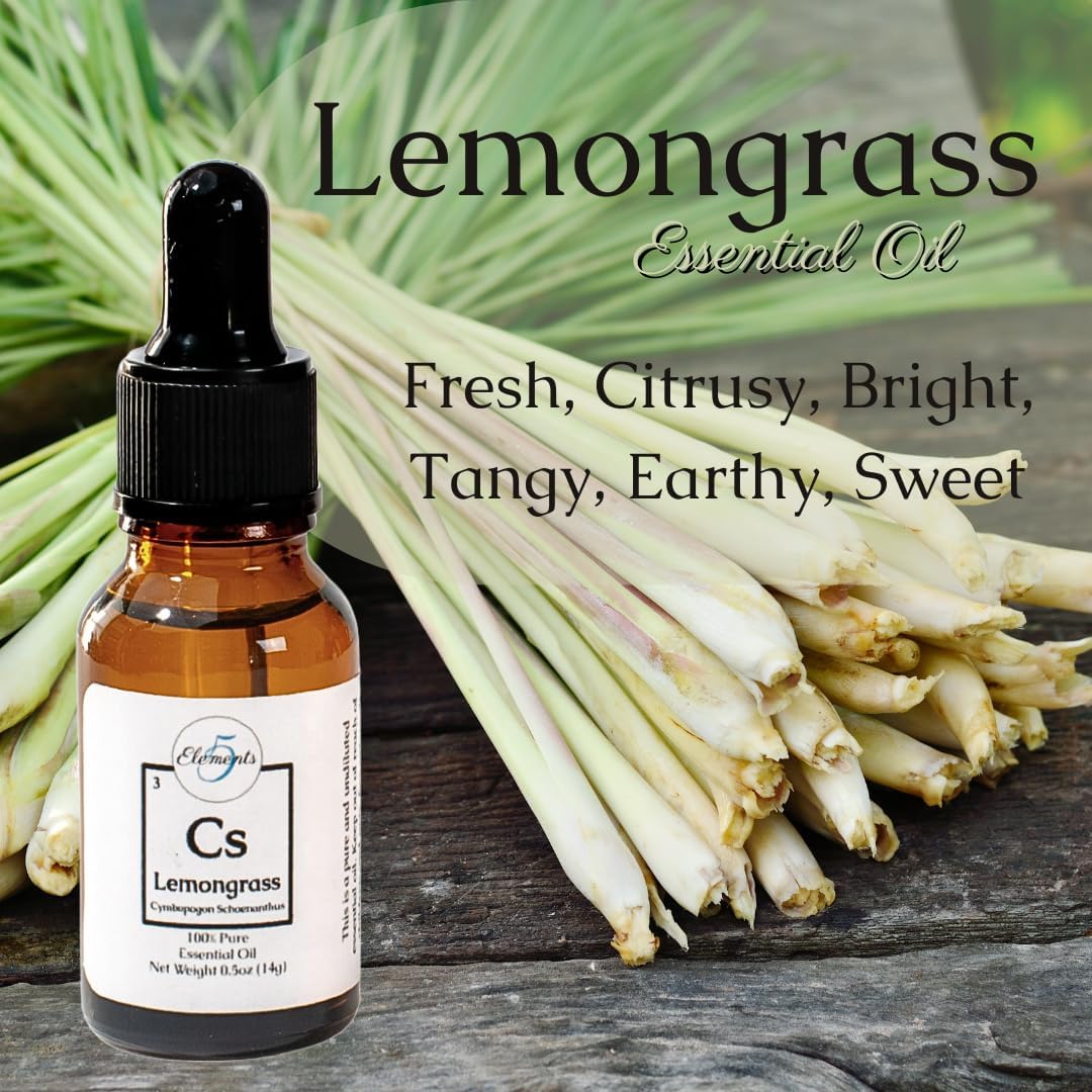 100% Lemongrass Essential Oil - Cymbopogon Schoenanthus - Pure and Natural Botanical Oils by 5 Elements Essential Oils - for use in Aromatherapy, Diffusers, Oil Burners - Home Fragrance (Lemongrass)