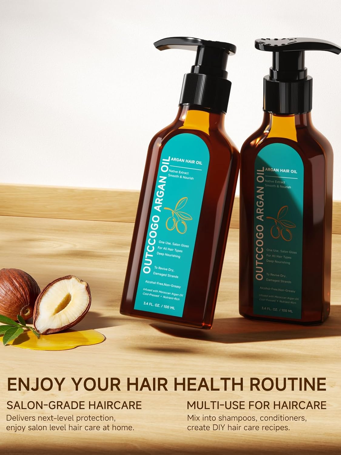 Outccogo Moroccan Argan Oil, Hair Oil for Frizzy Hair, Nourishing Smoothing for Frizz Control, Curly Long Dry Damaged Hair Treatment & Heat Protectant, 3.4 Fl Oz
