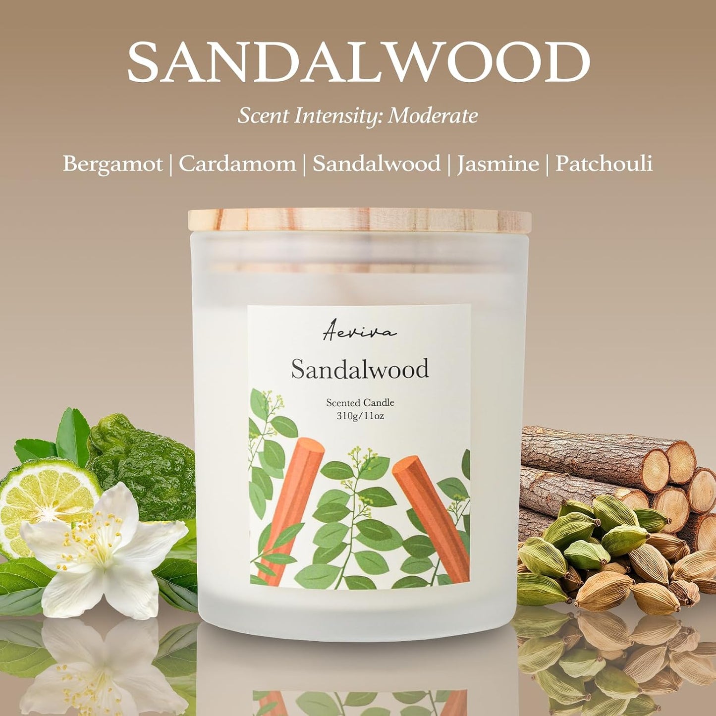 Sandalwood Scented Candle, 11oz 60 Hour Burn, Natural Soy Wax with Thick Cotton Wick, Highly Scented Aromatherapy Candle for Stress Relief & Meditation, Gifts for Women & Men
