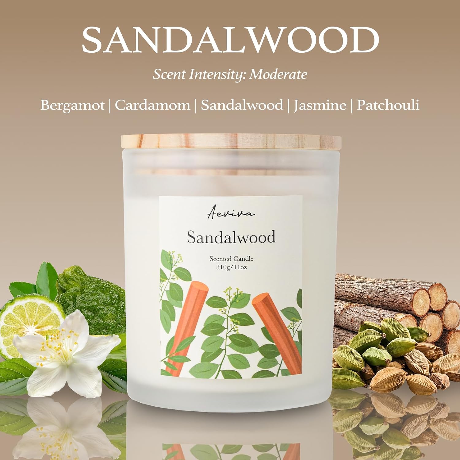 Sandalwood Scented Candle, 11oz 60 Hour Burn, Natural Soy Wax with Thick Cotton Wick, Highly Scented Aromatherapy Candle for Stress Relief & Meditation, Gifts for Women & Men
