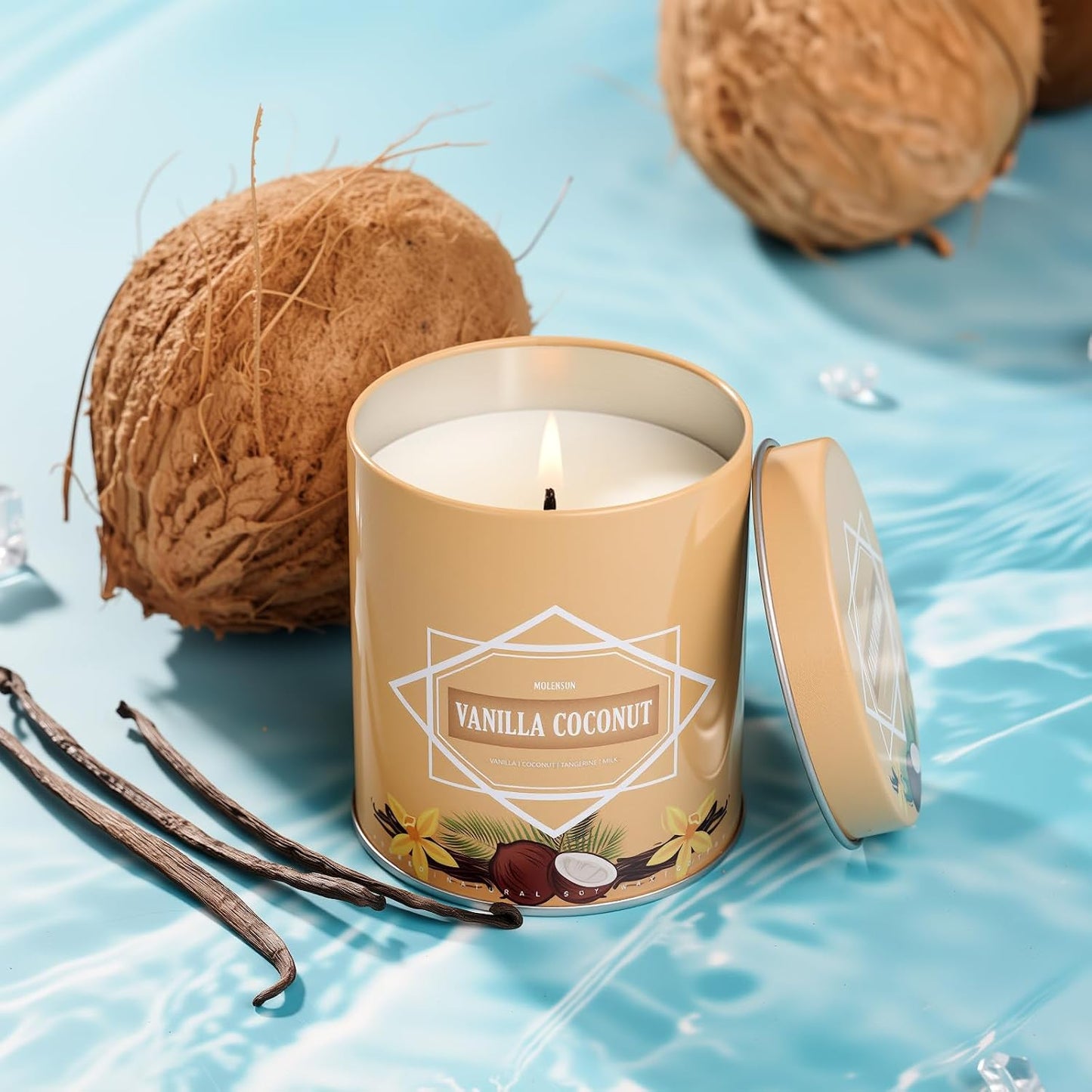 Vanilla Coconut Candle, Candles for Home Scented, 9 oz Soy Wax Candle Gift for Women Men, Aromatherapy Tin Jar Candle