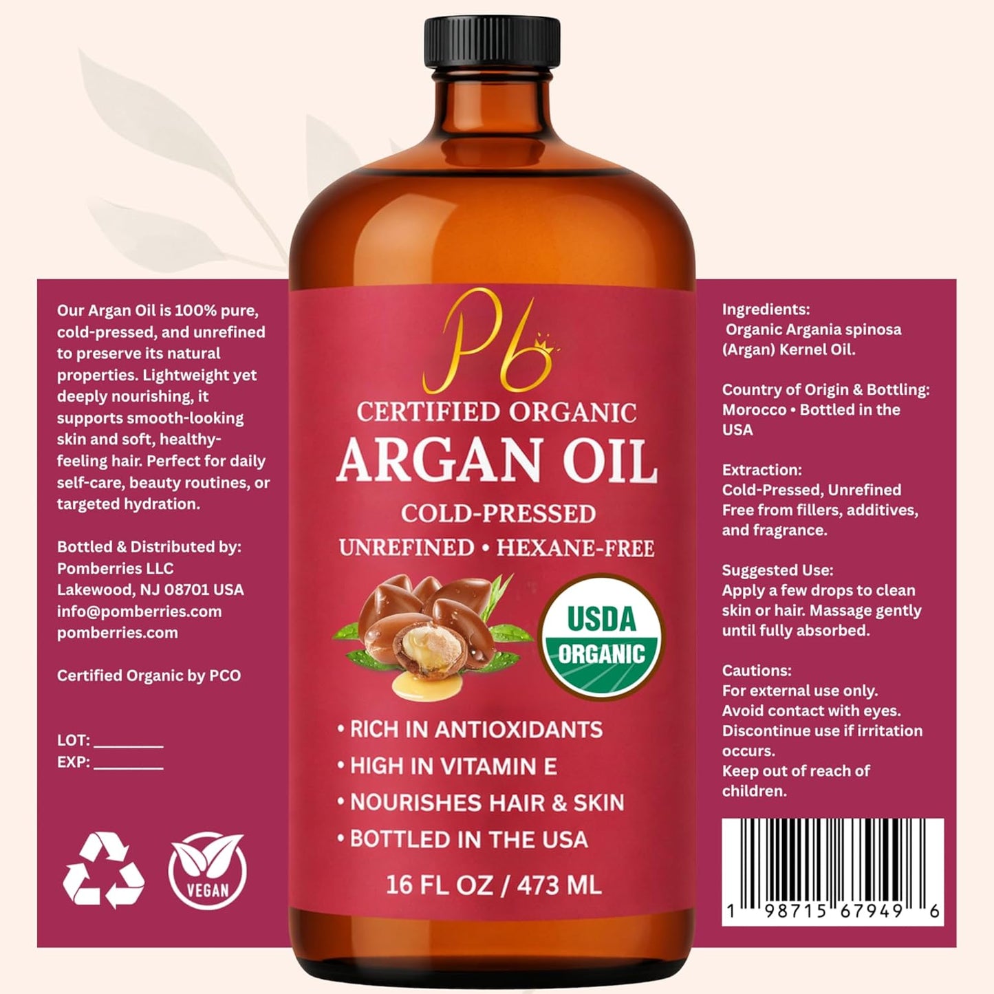 Argan Oil, 16 fl oz Glass Bottle with Pump, Organic Moroccan Argan Oil for Hair, Skin, Face & Nails, USDA Certified Organic, Cold-Pressed Unrefined Hexane-Free Carrier Oil for Essential Oils