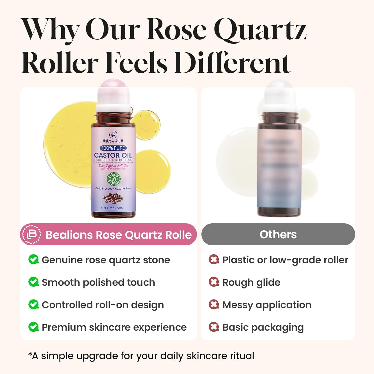 Bealions Organic Castor Oil Rose Quartz Roller Ball | Reduces Fine Lines, Wrinkles & Under-eye Puffiness, Promotes Thicker, Longer-looking Lashes and Brows, Gifts for Women 35+