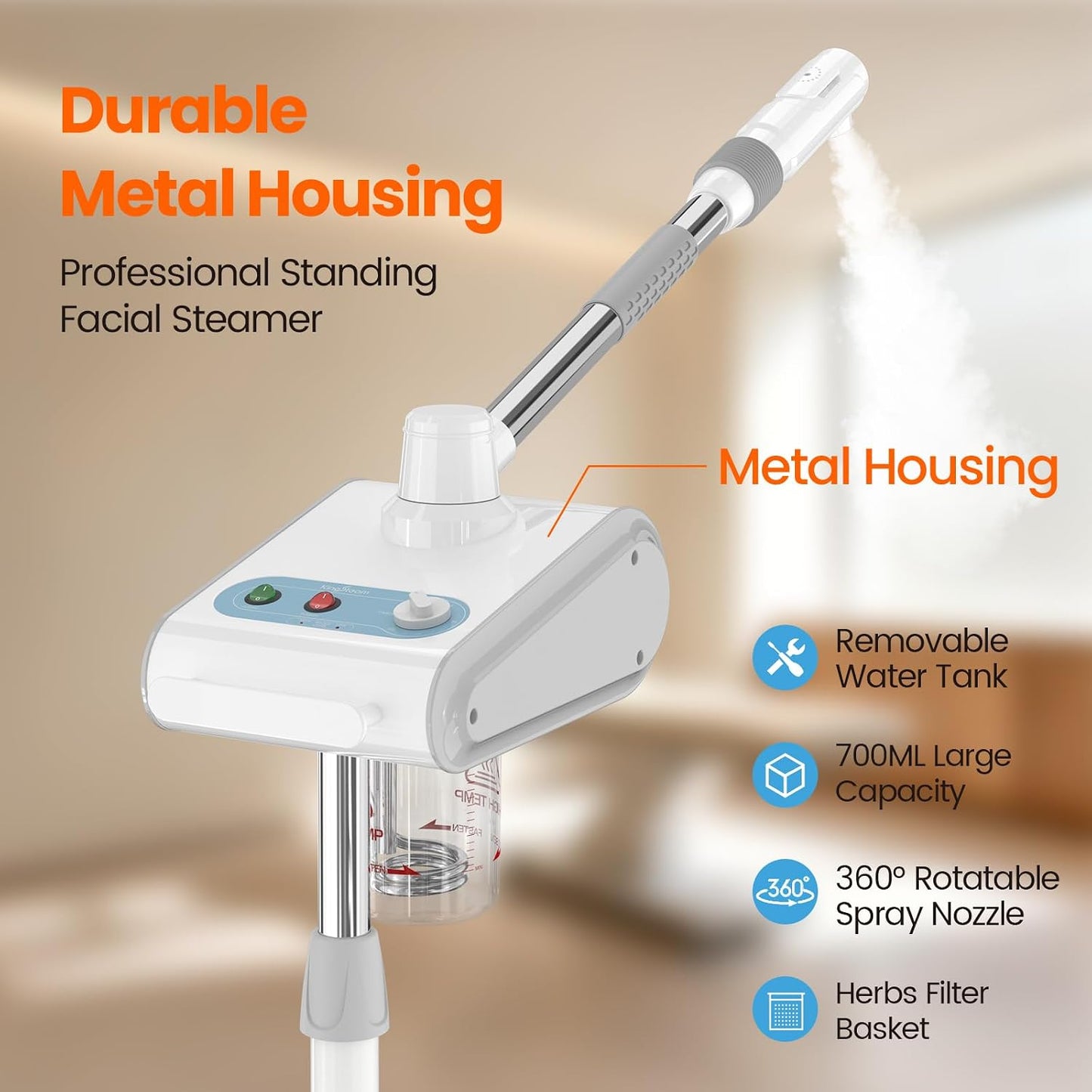 Professional Nano Ionic Facial Steamer with Ozone – 700ml Large Capacity Stand Facial Steamer for Deep Pore Cleansing, Hydration and 60 Min Timer for Salon, and Home Skin Care Use