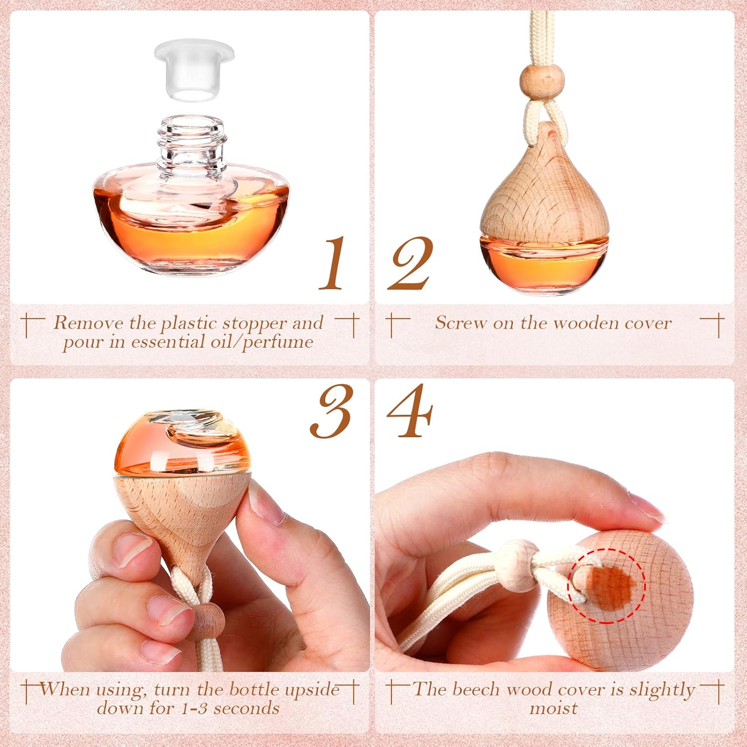 Rtteri 100 Pcs Hanging Car Air Freshener Diffuser Bottles Empty Glass Perfume Diffuser Vials Refillable Oil Aromatherapy Pendant with Wooden Caps and Hanging String for Car Home Office Decor(Drop)