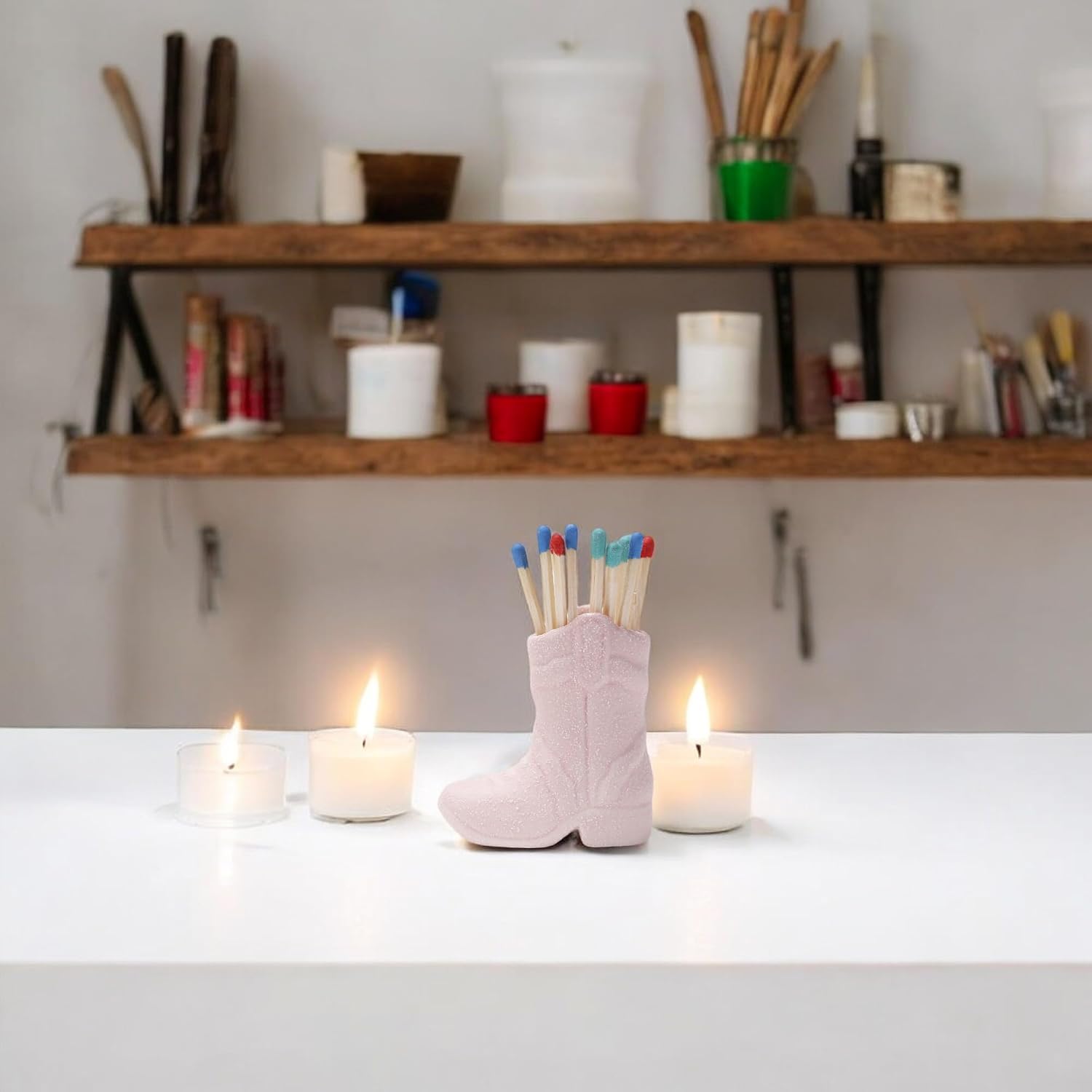 Cowboy Boot Match Holder With Striker for decorative matchsticks Ceramic Cowgirl Boot Decor Aesthetic Small Cute Matchstick Box Western Decorative Mini Matchesboxes For Bathroom Fireplace (Pink)